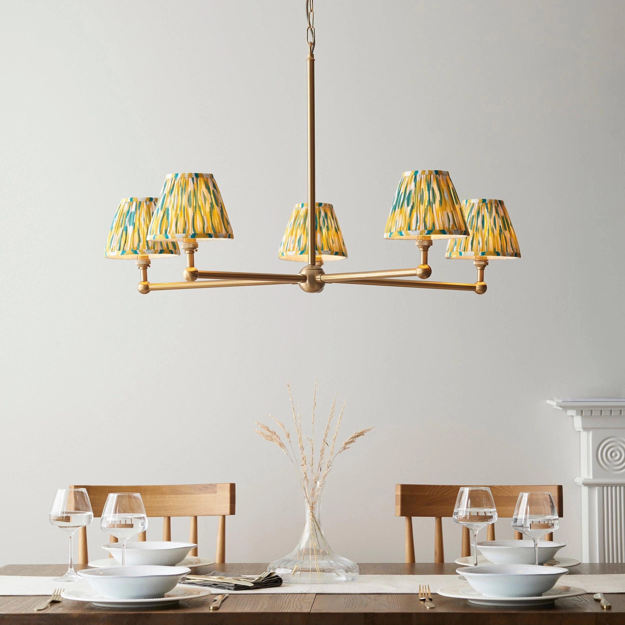 Santiago Brass 5 Light Pendant Ceiling Light With Yellow & Jade Ikat 16cm Shades sleek LED ceiling lamp