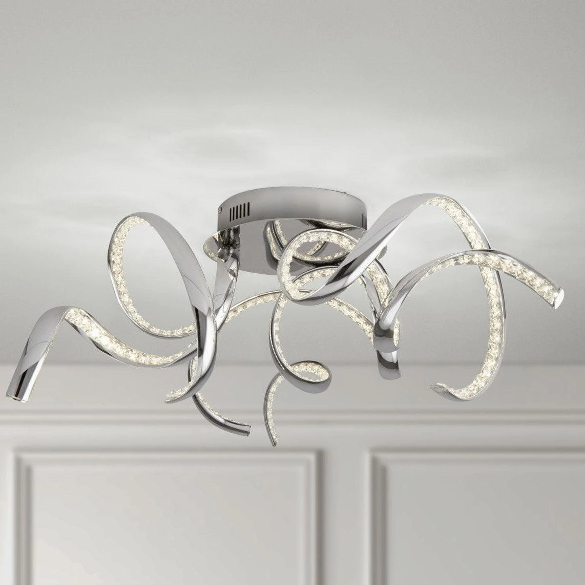 Searchlight Twirls Arm LED Chrome & Crystal Ceiling Flush