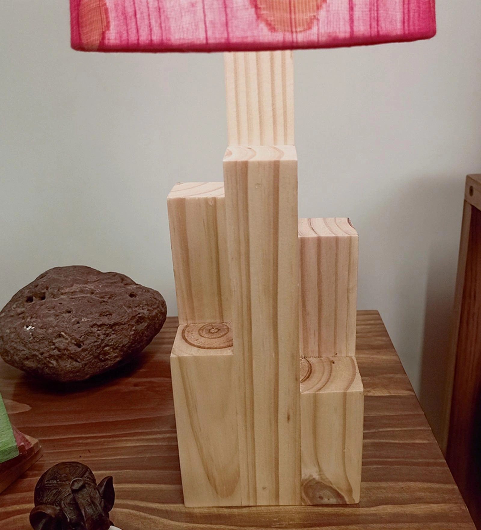 Skyline Beige Wooden Table Lamp with Red Printed Fabric Lampshade (BULB NOT INCLUDED)