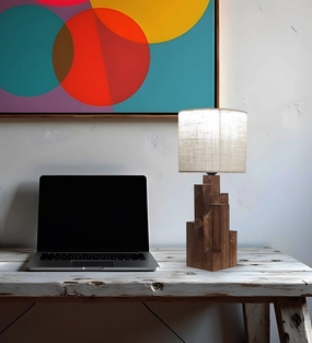 Skyline Brown Wooden Table Lamp with Yellow Printed Fabric Lampshade (BULB NOT INCLUDED) decorative ceiling fixture