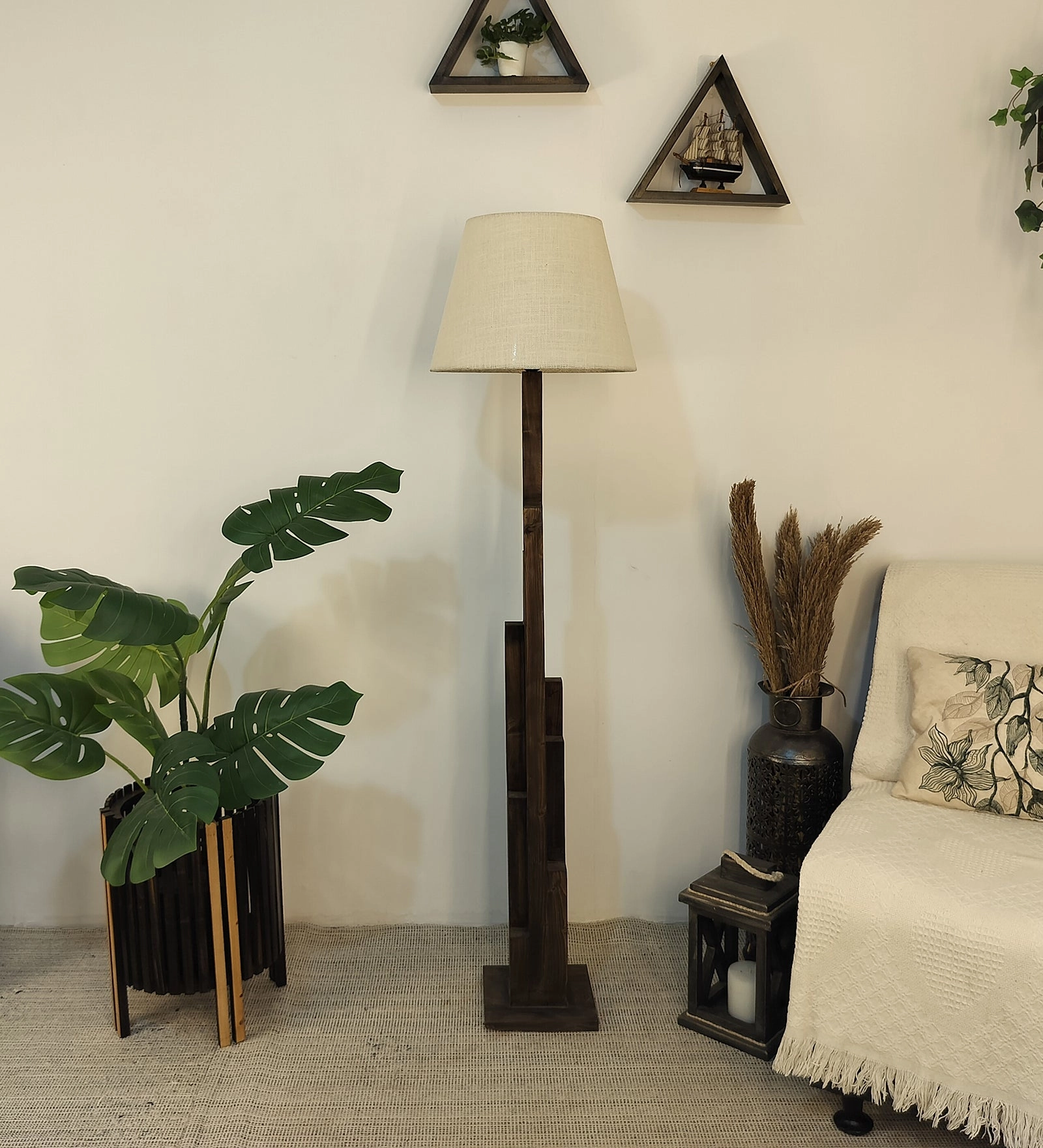 Skyline Wooden Floor Lamp with Brown Base and Yellow Printed Fabric Lampshade creative lampshade design