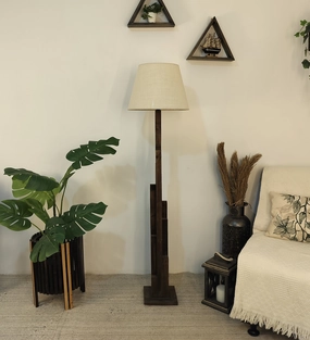 Skyline Wooden Floor Lamp with Brown Base and Yellow Printed Fabric Lampshade creative lampshade design