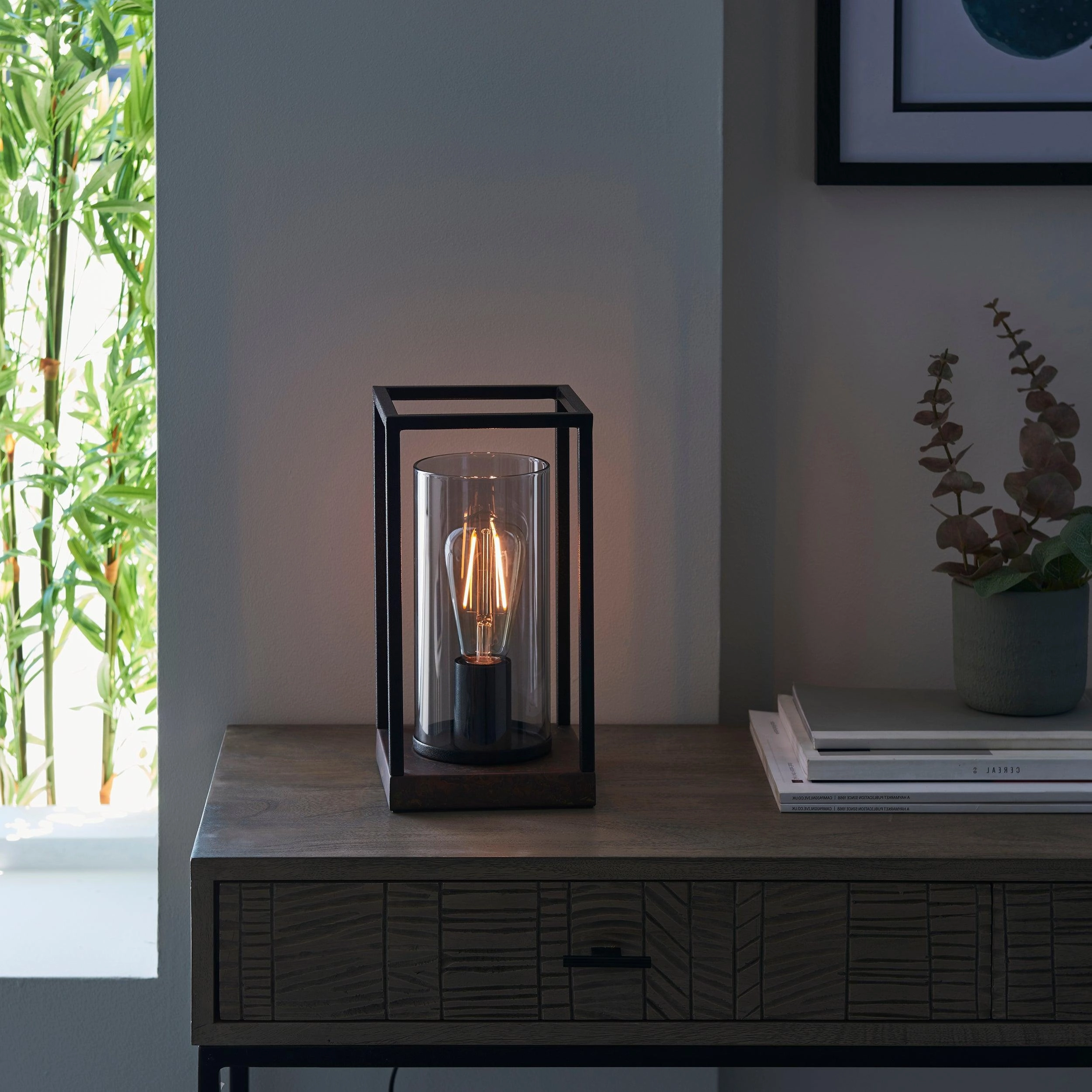 Solihull Bronze & Black Frame Table Lamp - Tinted Glass Shade