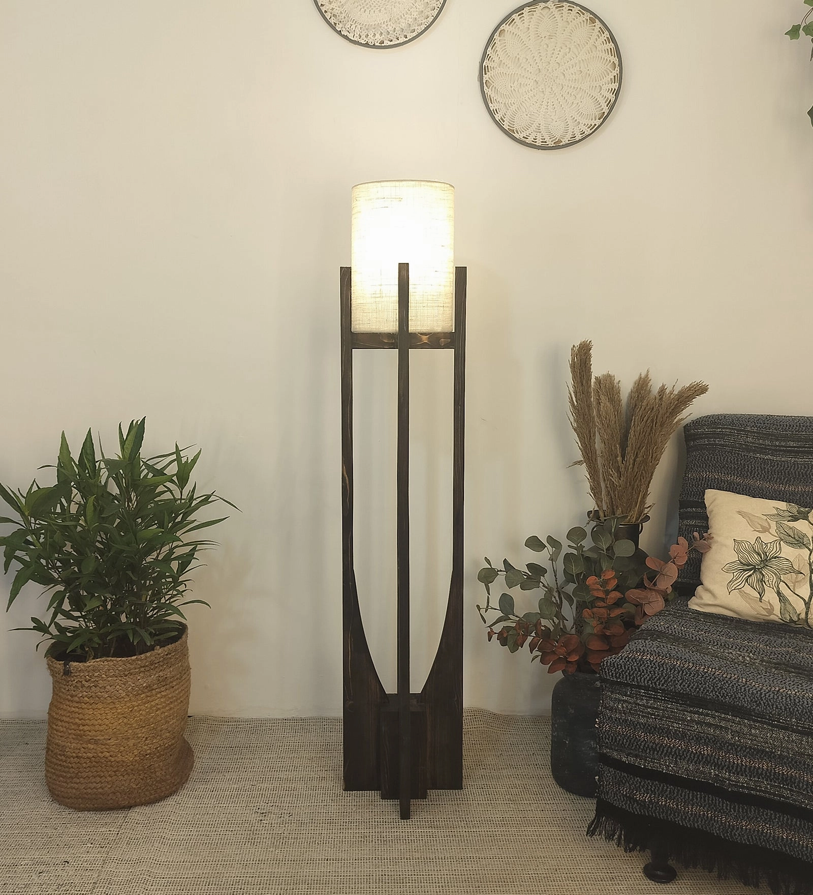 Solitaire Wooden Floor Lamp with Brown Base and White Fabric Lampshade (BULB NOT INCLUDED) creative lampshade design