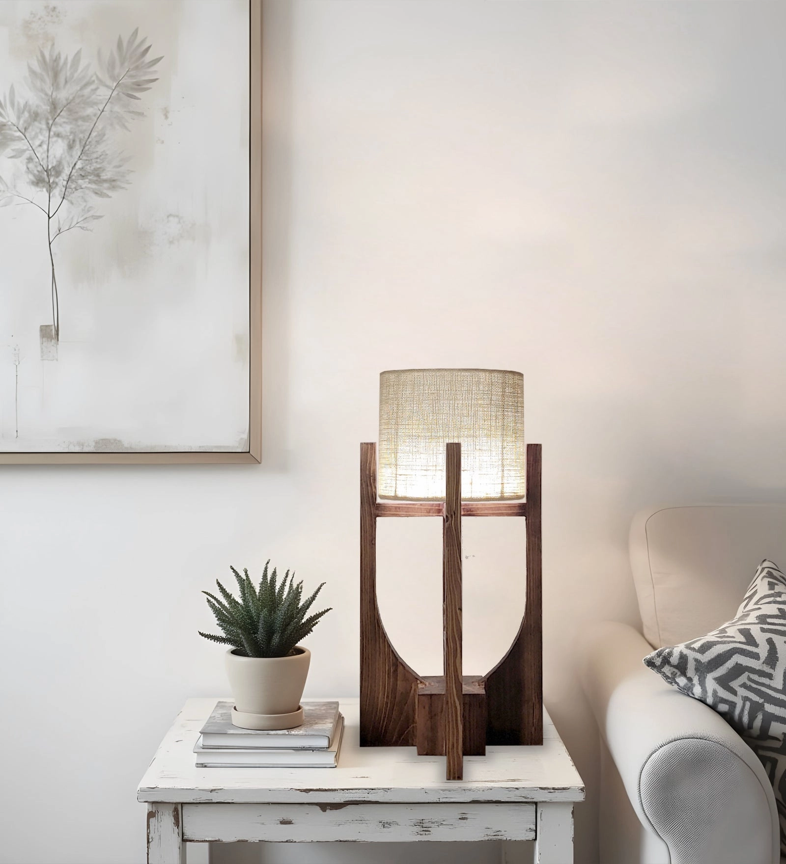 Solitaire Wooden Table Lamp with Brown Base and Premium White Fabric Lampshade (BULB NOT INCLUDED)