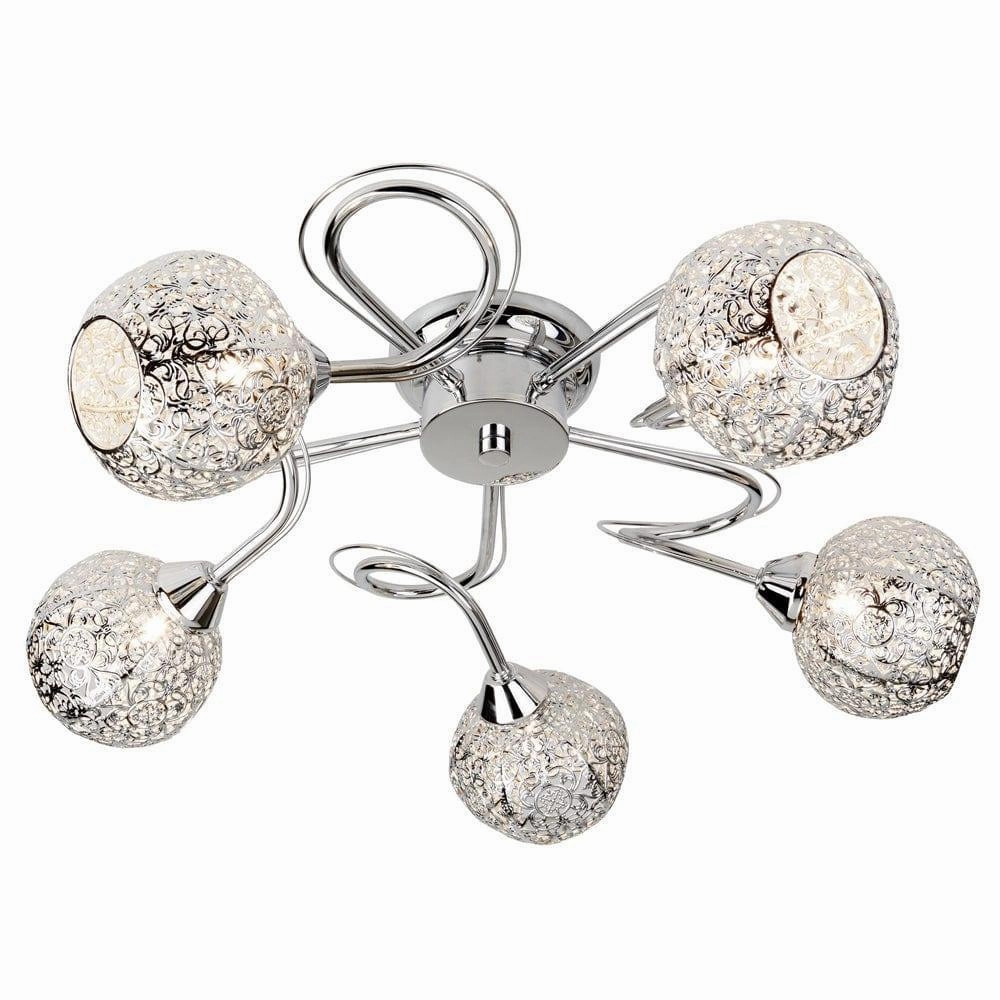 Souk 5 Light Chrome Ceiling Flush - Fretwork Pattern Shades soft glow ceiling light