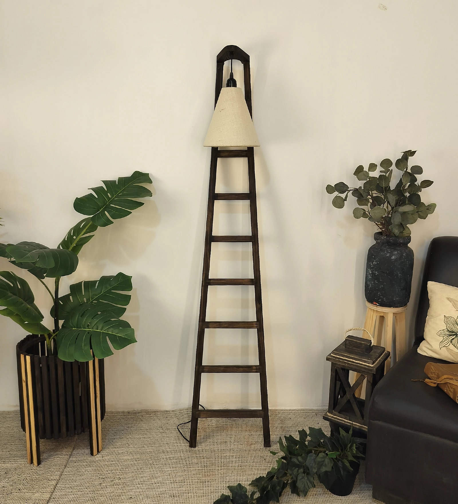 Stairway Wooden Floor Lamp with Brown Base and Jute Fabric Lampshade (BULB NOT INCLUDED) creative lampshade design