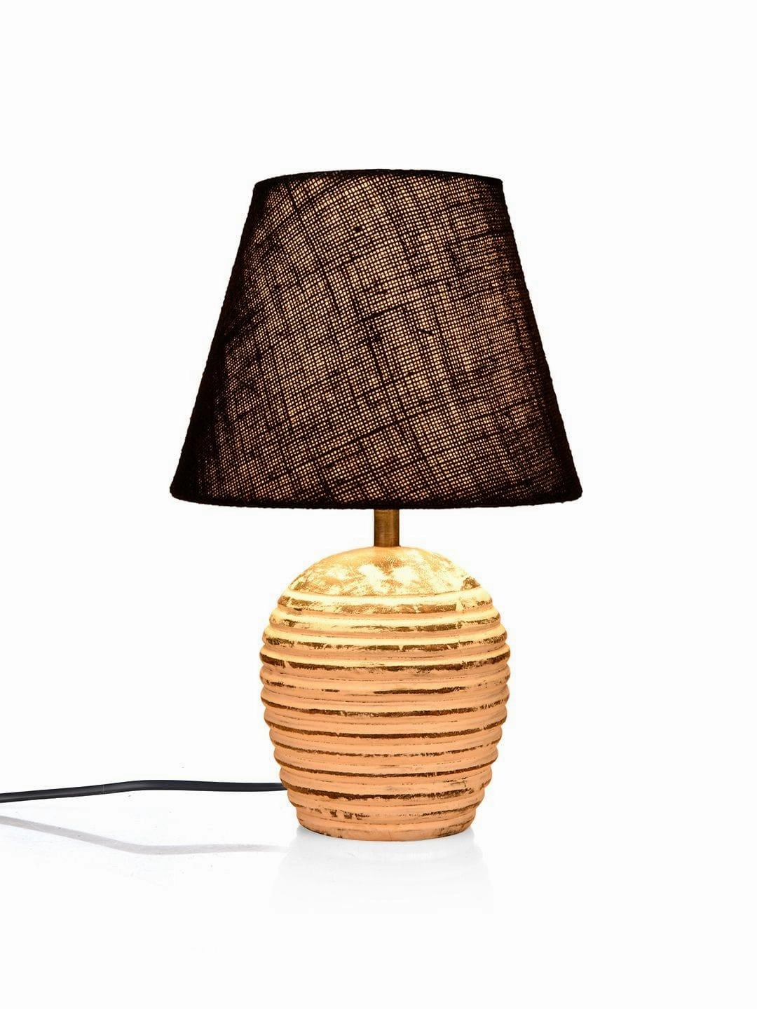 Striped Wooden White Lamp with Black Jute Shade