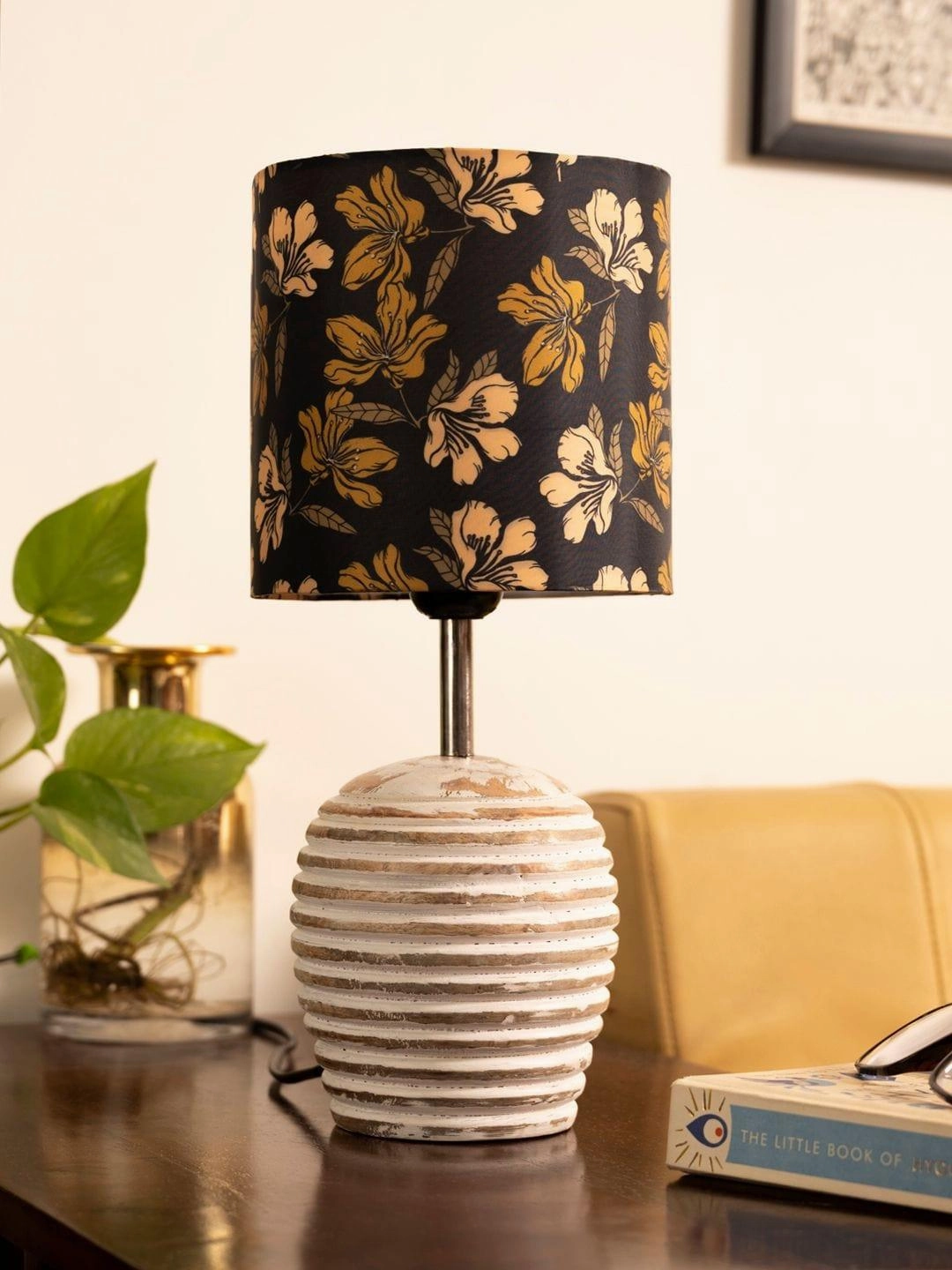 Stripped Distress White Lamp with Black Floral multicolor shade decorative ceiling fixture