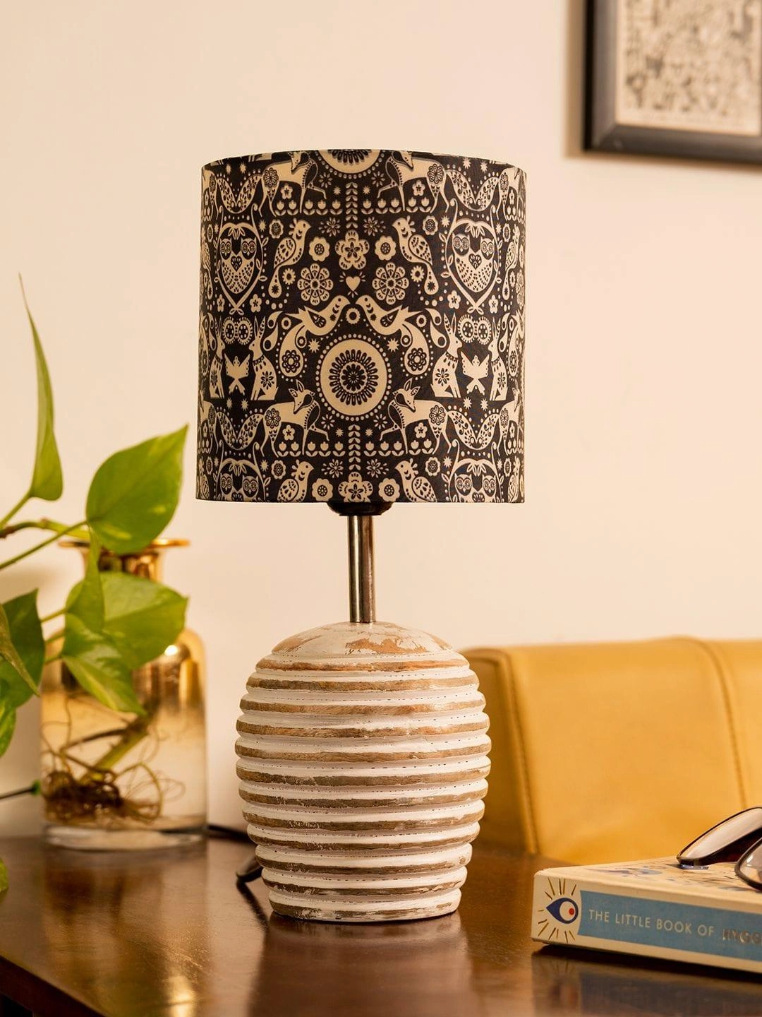 Stripped Distress White Lamp with Indian Art multicolor shade