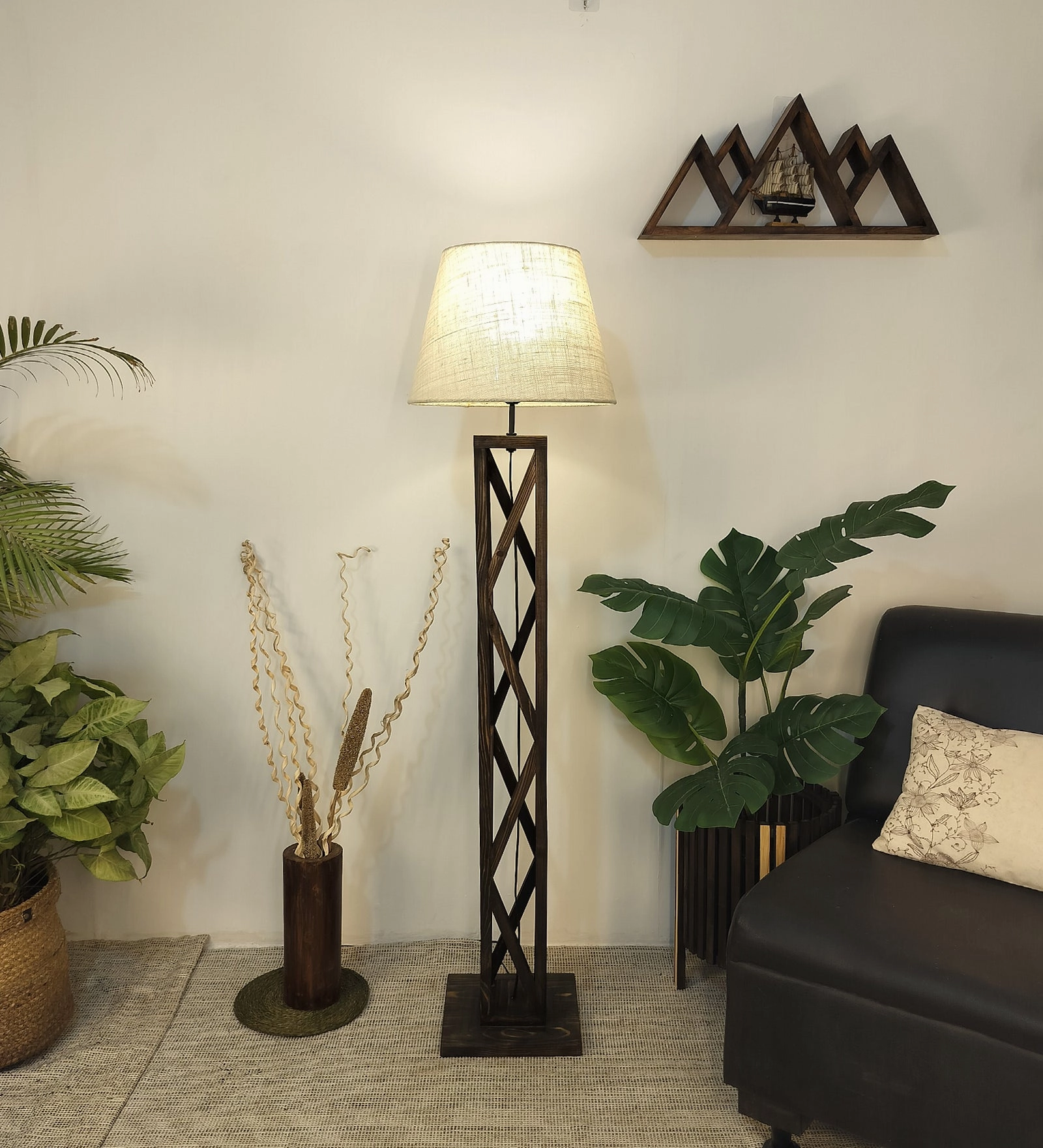 Symmetric Wooden Floor Lamp with Premium Beige Fabric Lampshade (BULB NOT INCLUDED) creative lampshade design