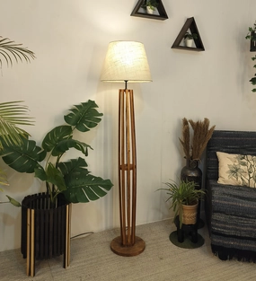 Tall Boy Wooden Floor Lamp With Yellow Printed Fabric Lampshade (BULB NOT INCLUDED) creative lampshade design