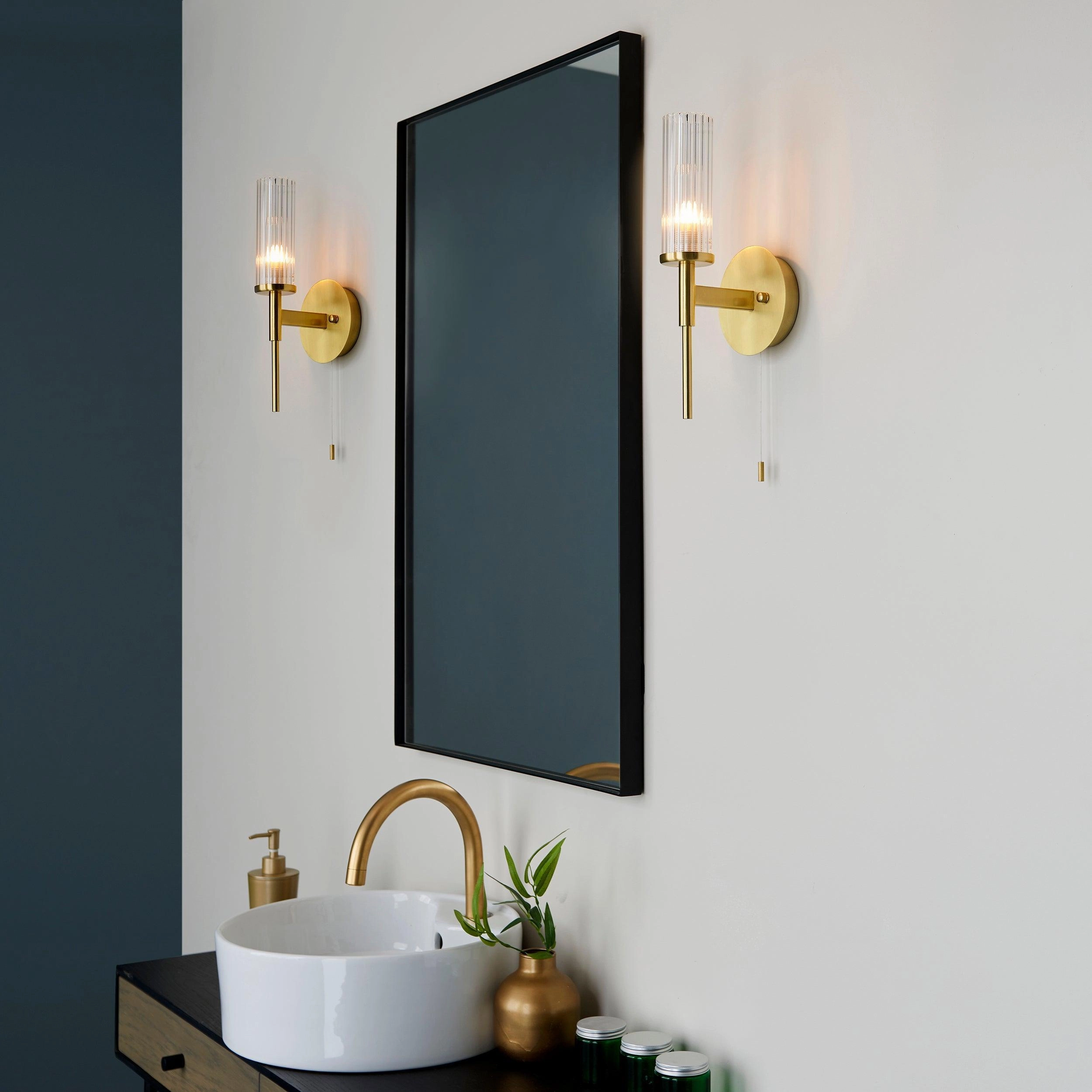 Talo Brass & Ribbed Cylinder Glass Shaded Bathroom Wall Light - Open Box