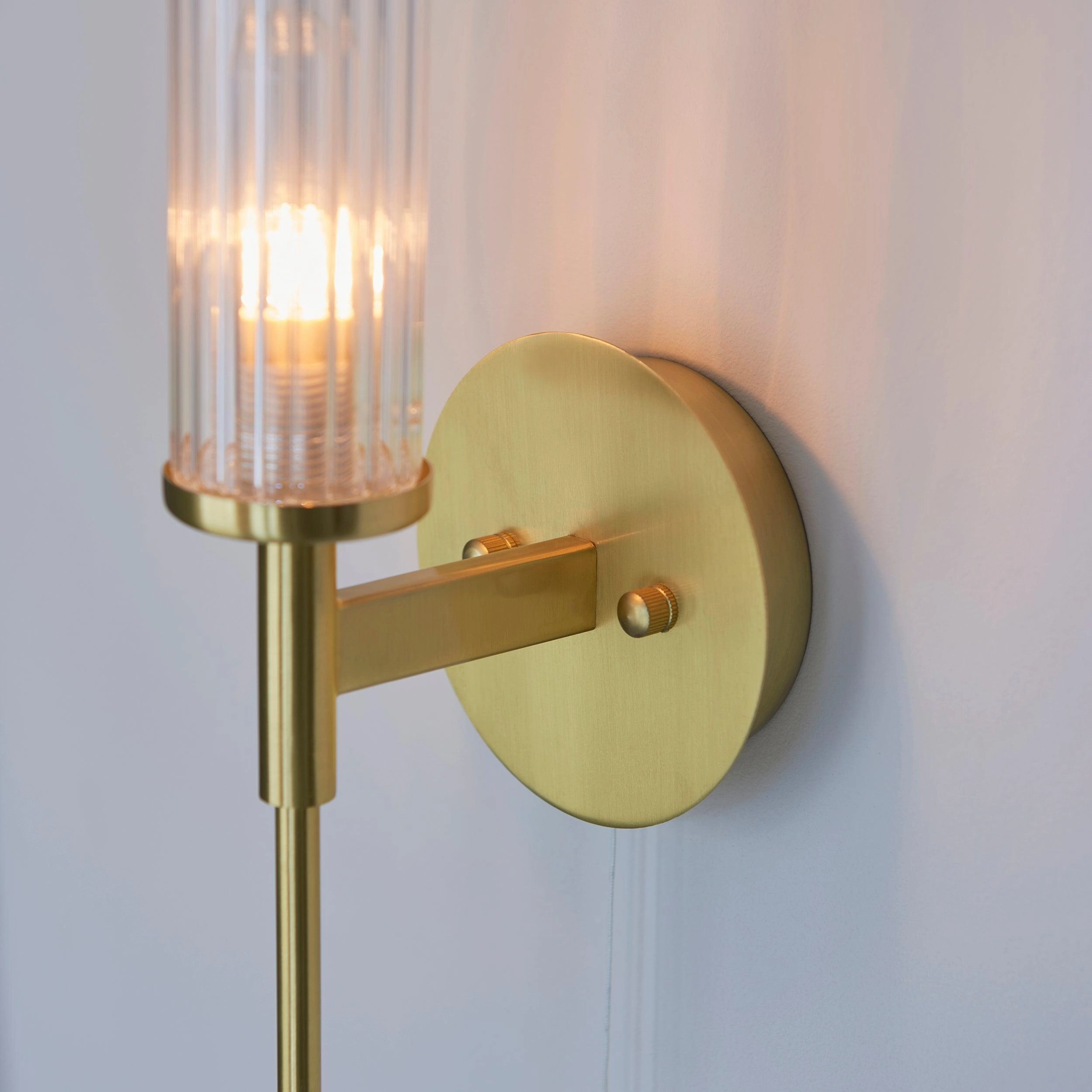 Talo Brass & Ribbed Cylinder Glass Shaded Bathroom Wall Light - Open Box