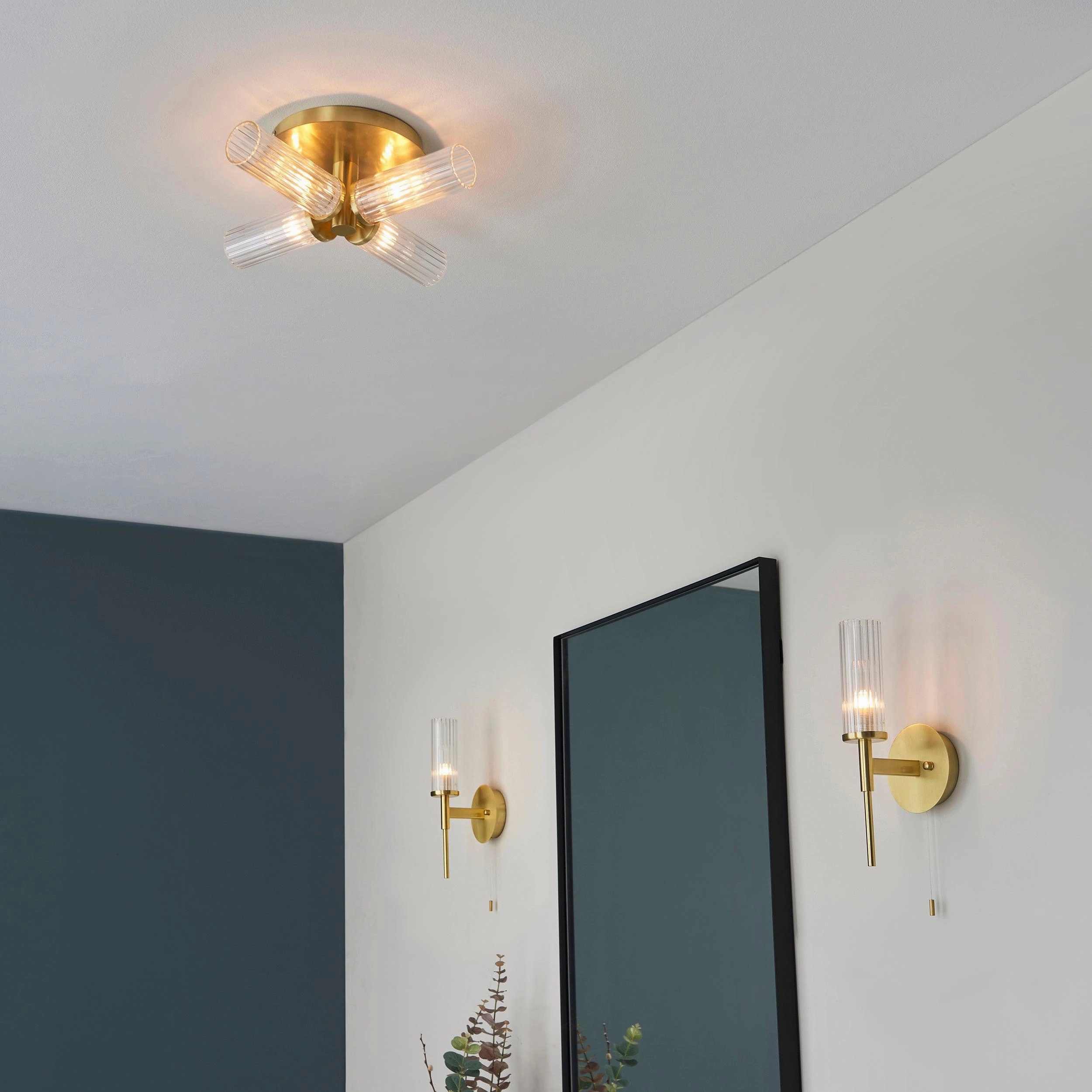 Talo Brass & Ribbed Cylinder Glass Shaded Bathroom Wall Light - Open Box