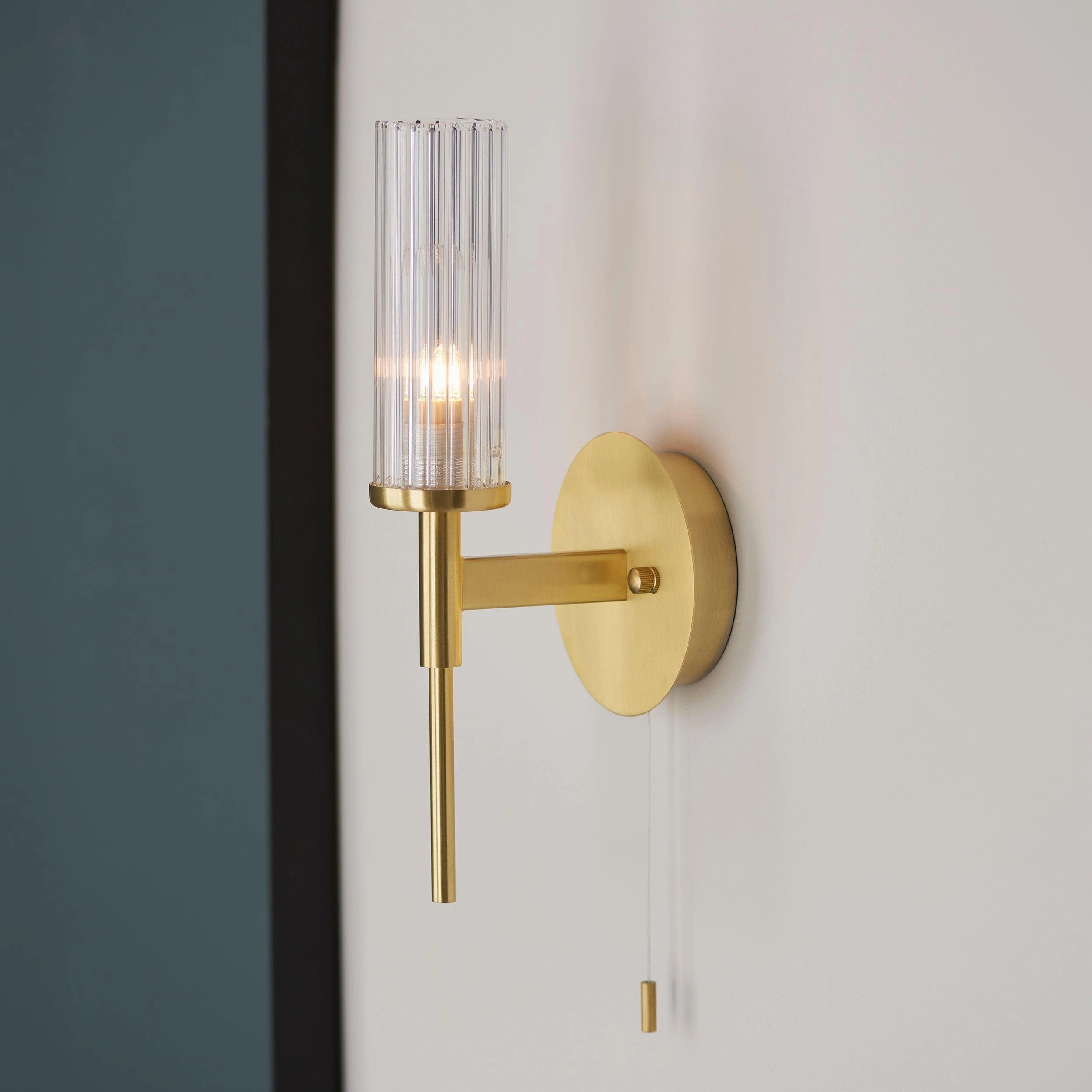 Talo Brass & Ribbed Cylinder Glass Shaded Bathroom Wall Light - Open Box