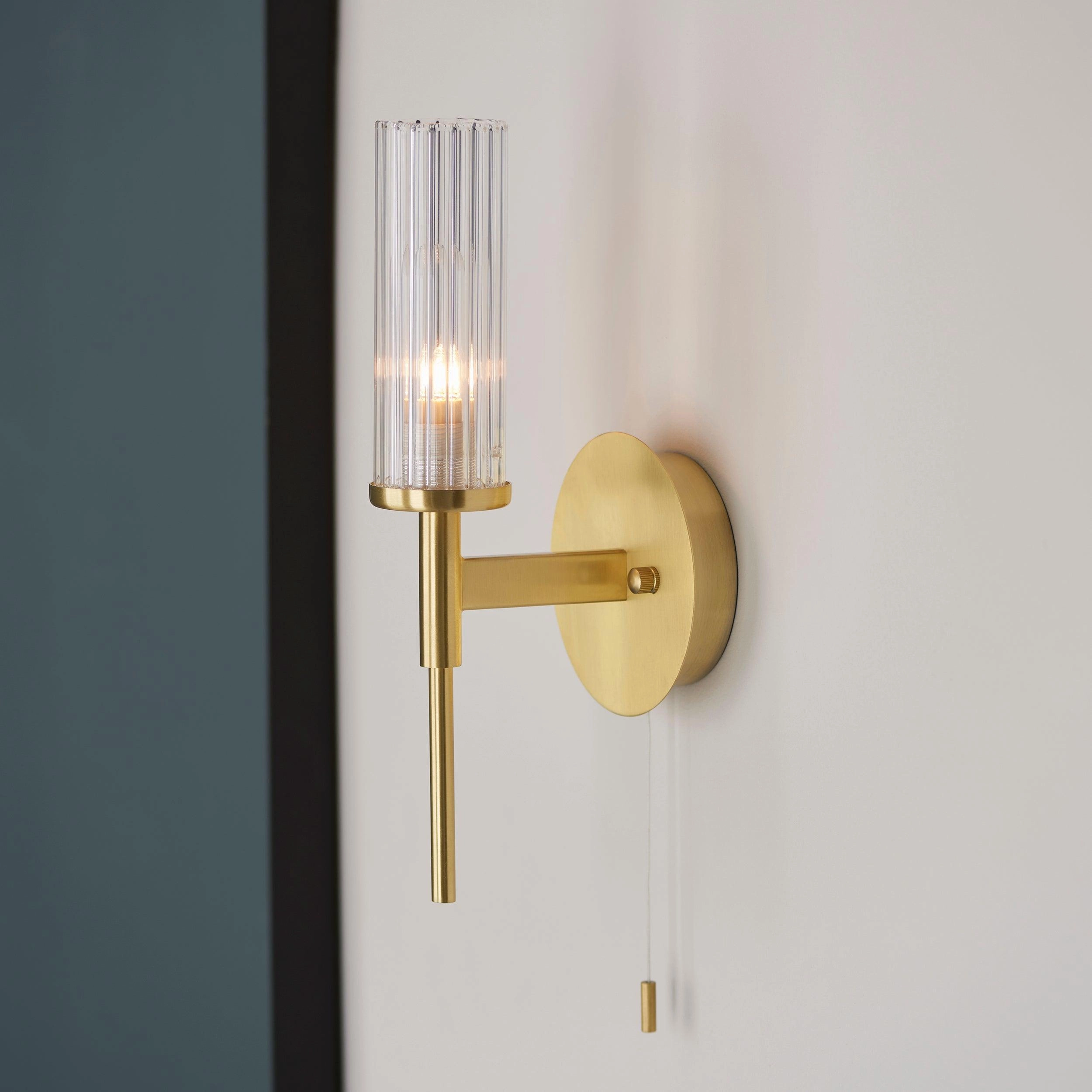 Talo Brass & Ribbed Cylinder Glass Shaded Bathroom Wall Light