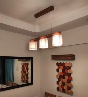 Tiga Brown Wooden Series Hanging Lamp with Silver Fabric Lampshades (BULB NOT INCLUDED) decorative ceiling fixture