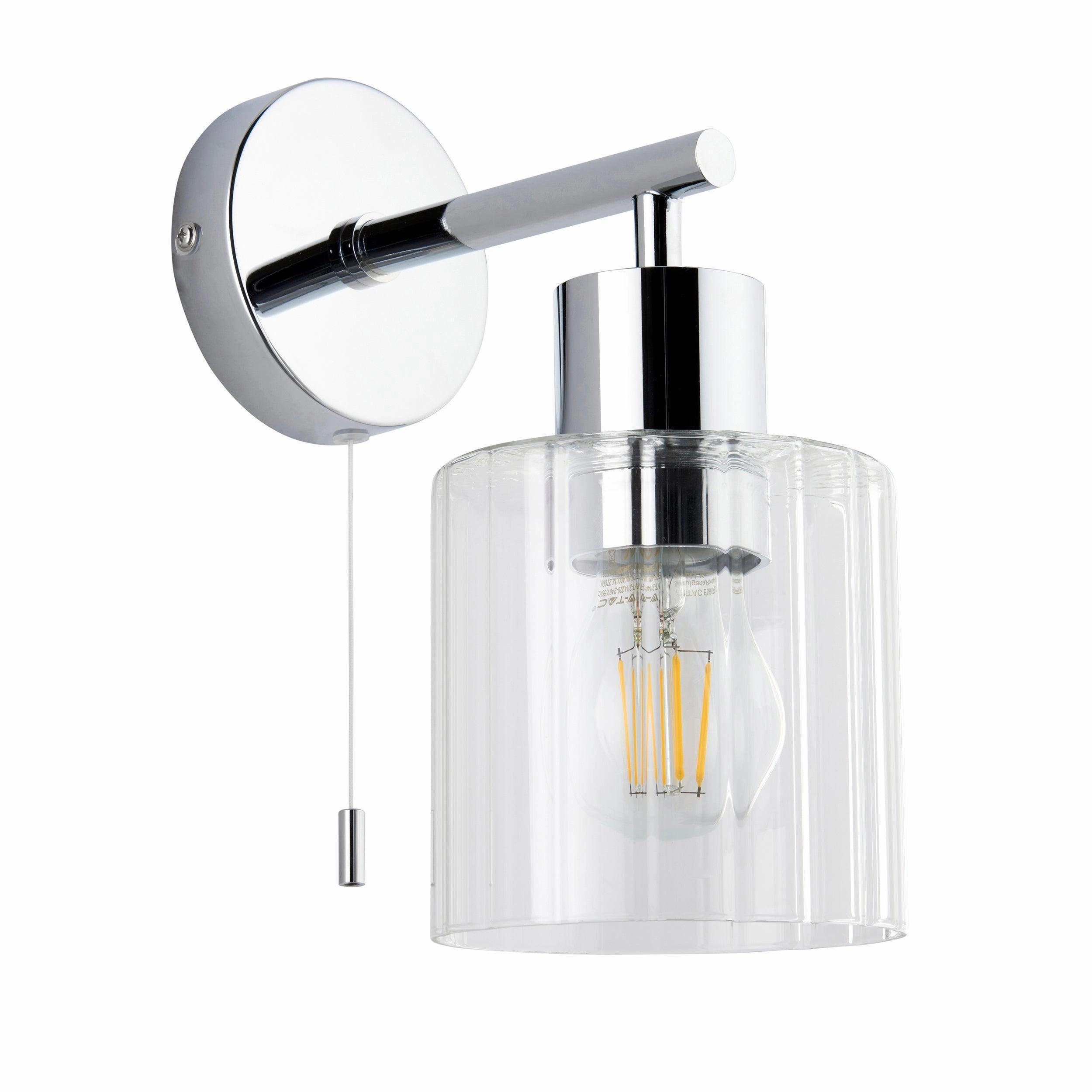 Torbay Chrome & Glass Shade Bathroom Wall Light - Pull Cord
