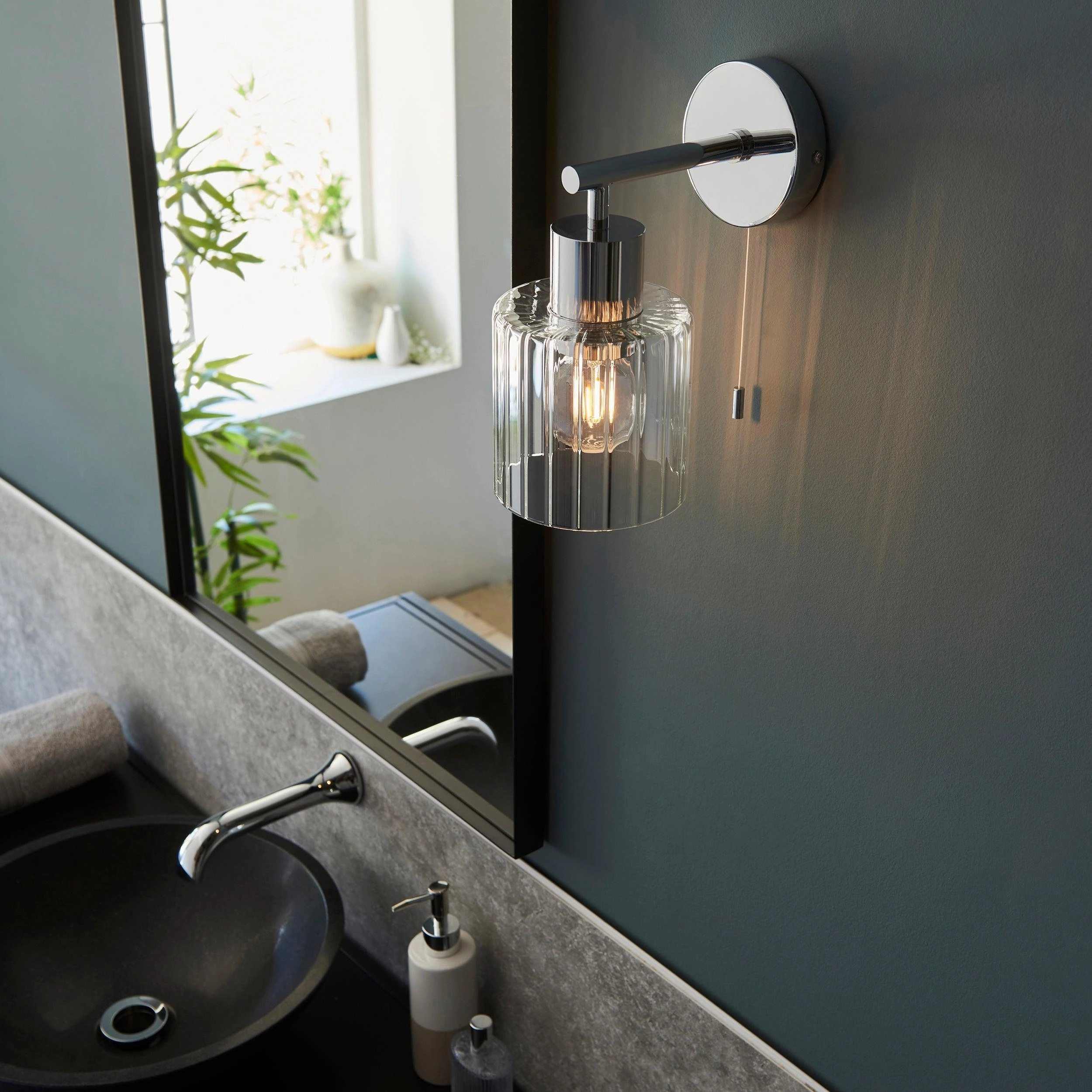 Torbay Chrome & Glass Shade Bathroom Wall Light - Pull Cord