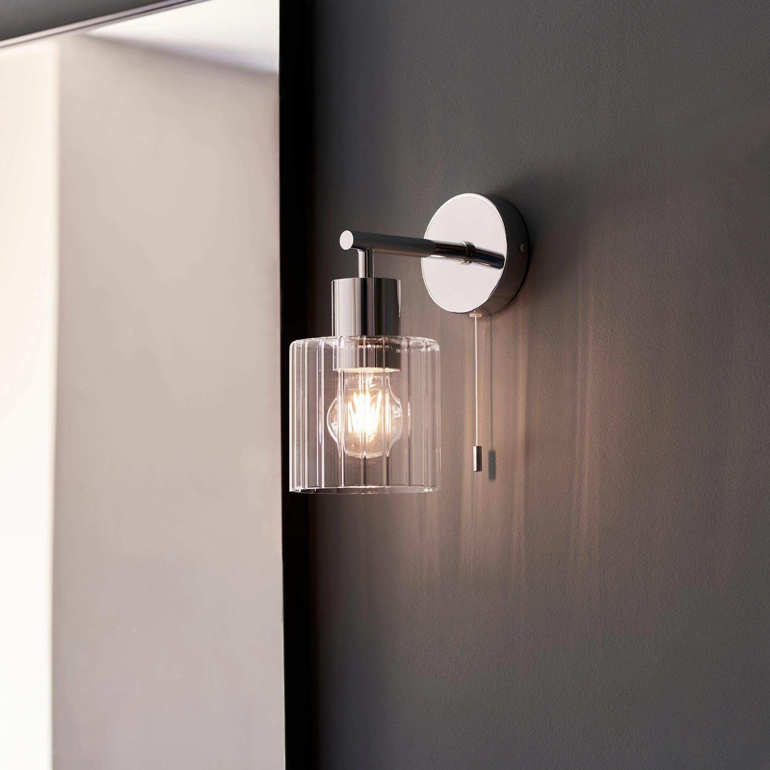 Torbay Chrome & Glass Shade Bathroom Wall Light - Pull Cord