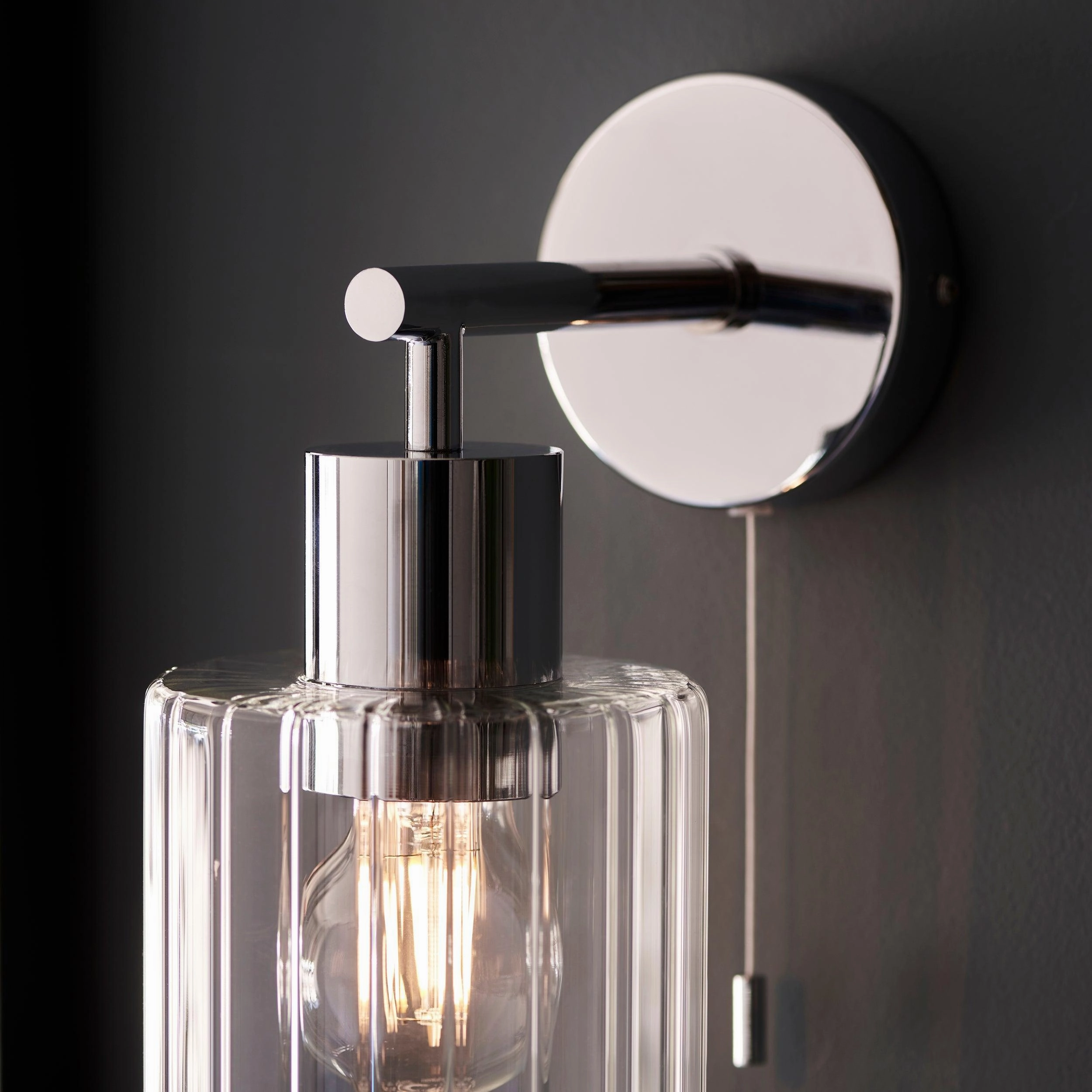 Torbay Chrome & Glass Shade Bathroom Wall Light - Pull Cord