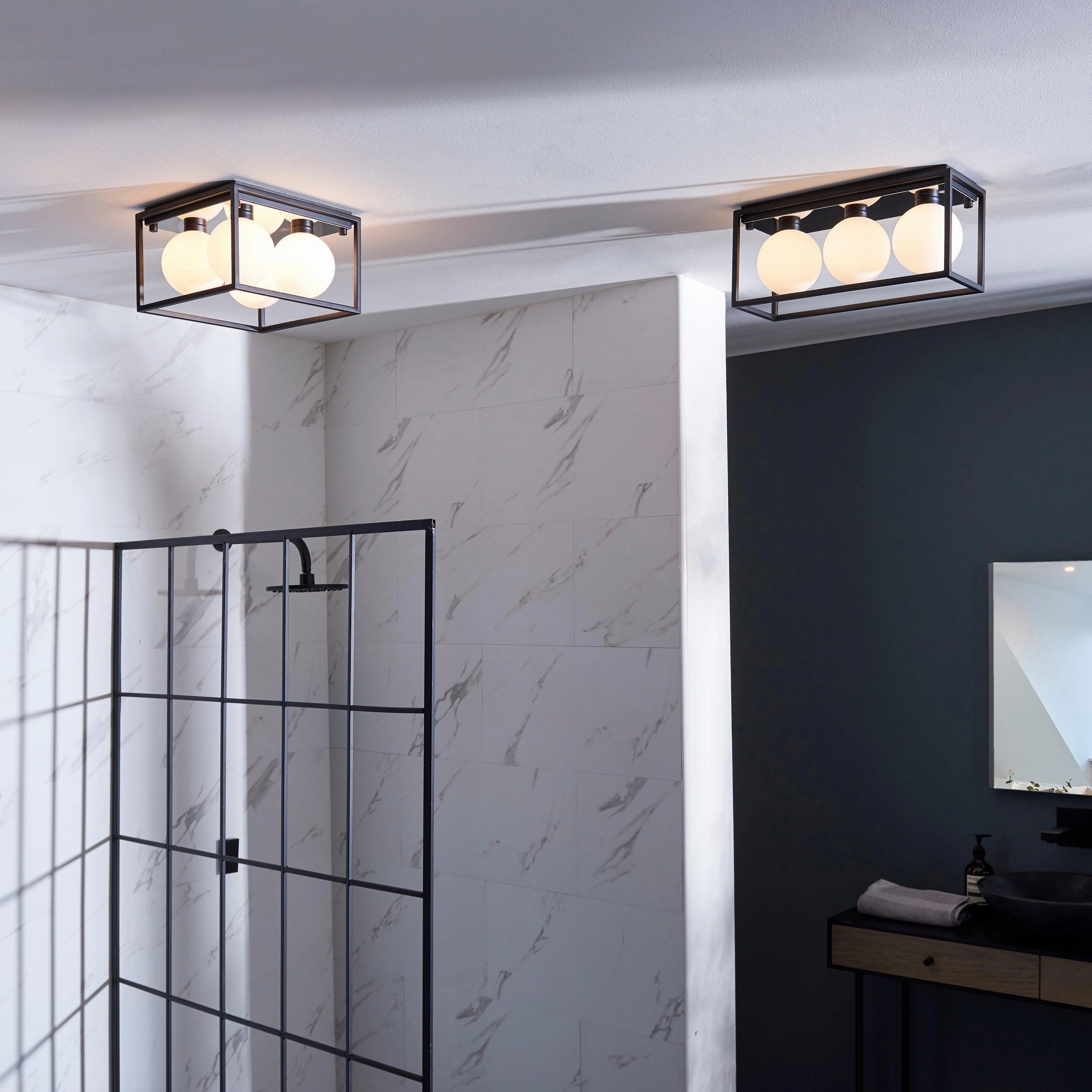 Trem Large Black & Glass 4 Light Bathroom Ceiling Flush