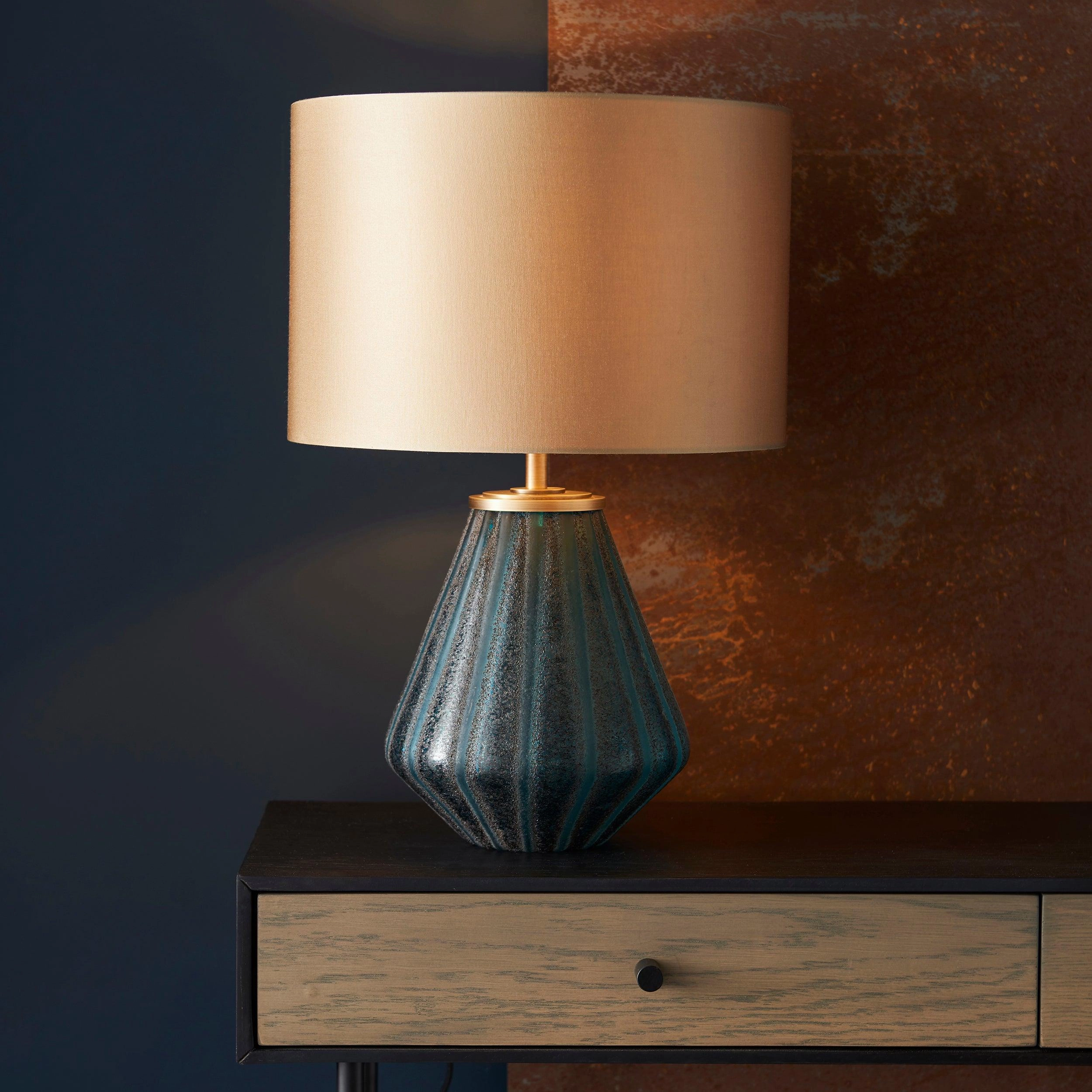 Triable Turquoise Glass Table Lamp With Gold Shade