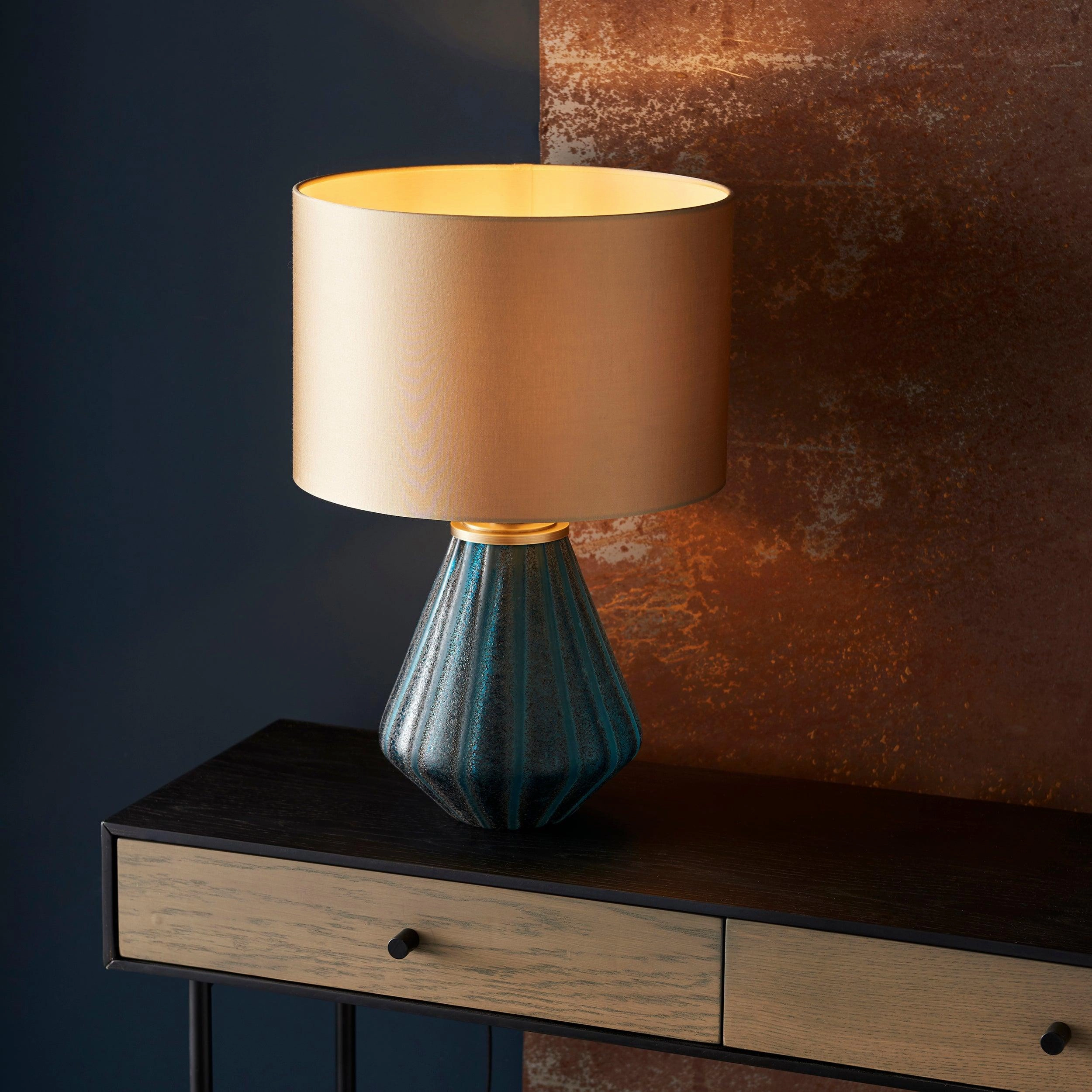 Triable Turquoise Glass Table Lamp With Gold Shade
