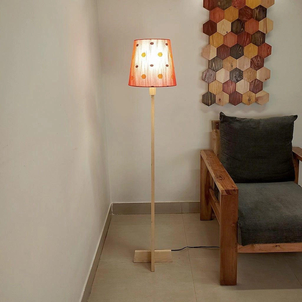 Trigo Wooden Floor Lamp with Beige Base and Red Printed Fabric Lampshade