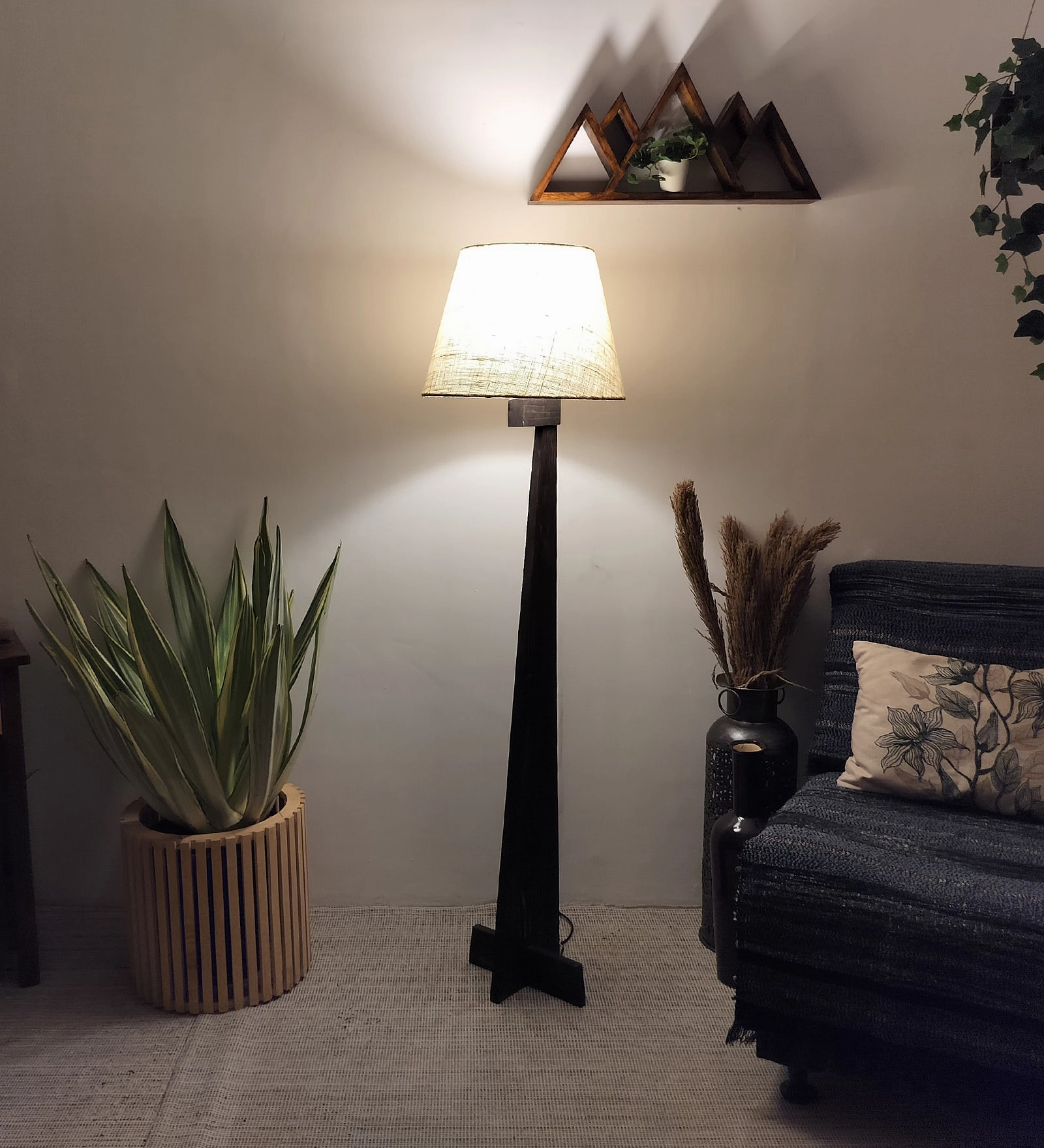 Trigo Wooden Floor Lamp with Brown Base and Yellow Printed Fabric Lampshade creative lampshade design