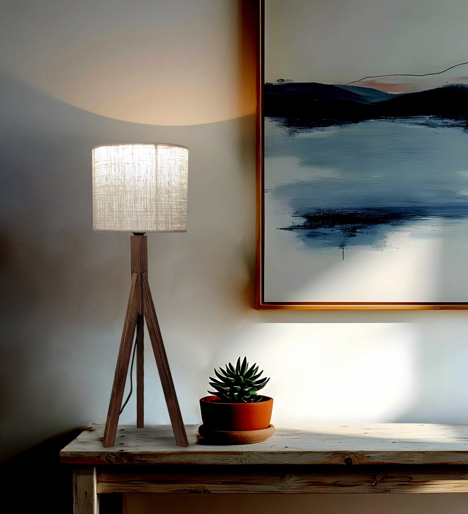 Triune Brown Wooden Table Lamp with White Printed Lampshade (BULB NOT INCLUDED) decorative ceiling fixture