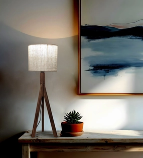 Triune Brown Wooden Table Lamp with White Printed Lampshade (BULB NOT INCLUDED) decorative ceiling fixture