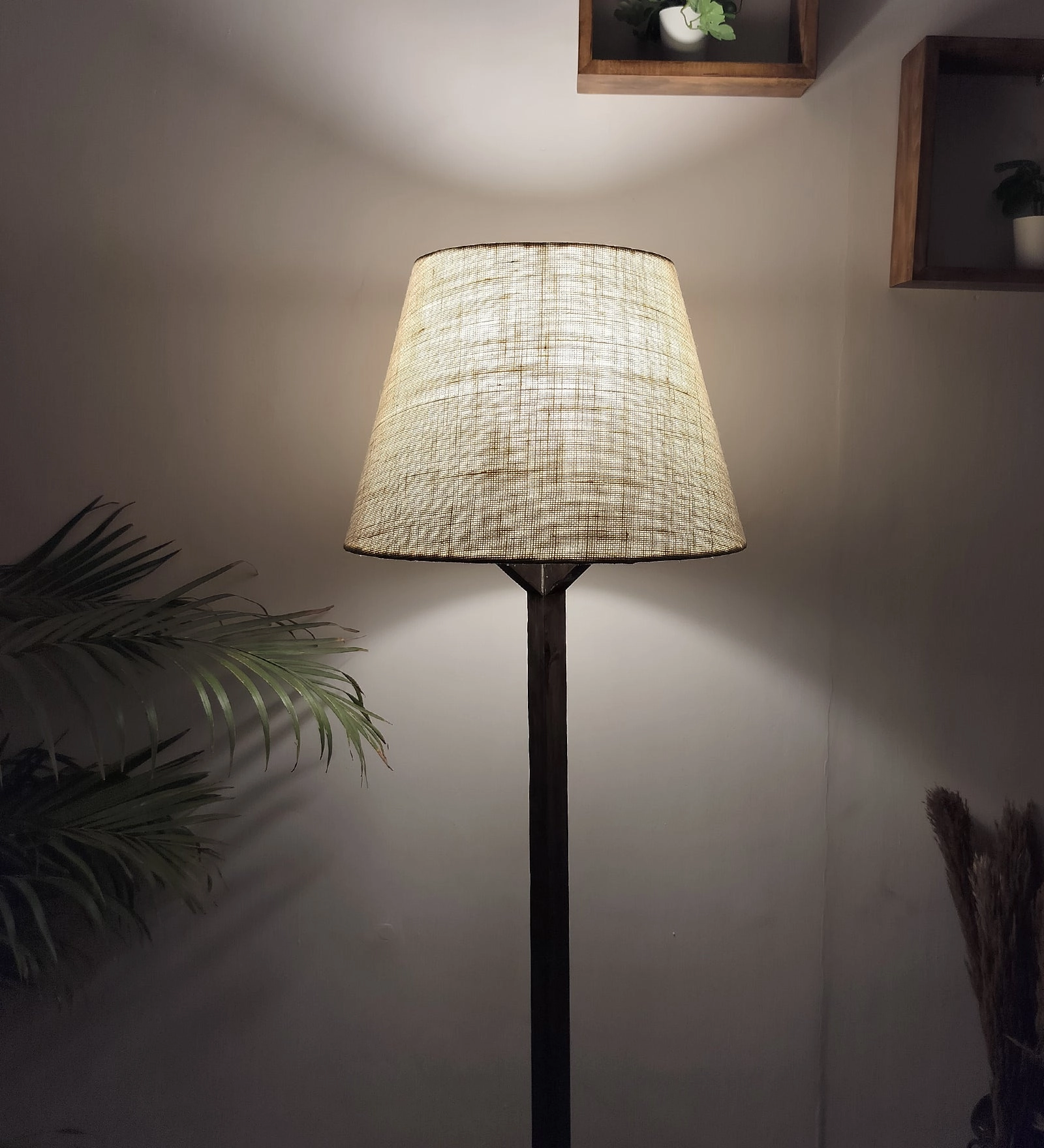 Troika Wooden Floor Lamp with Brown Base and Premium Beige Fabric Lampshade (BULB NOT INCLUDED)