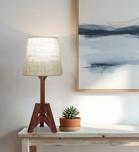 Troika Wooden Table Lamp with Brown Base and Premium White Fabric Lampshade (BULB NOT INCLUDED) decorative ceiling fixture