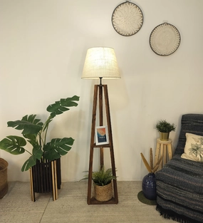 Vantage Wooden Floor Lamp with Brown Base and Jute Fabric Lampshade (BULB NOT INCLUDED) creative lampshade design