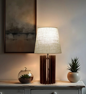Ventus Brown Wooden Table Lamp with Yellow Printed Fabric Lampshade (BULB NOT INCLUDED) decorative ceiling fixture