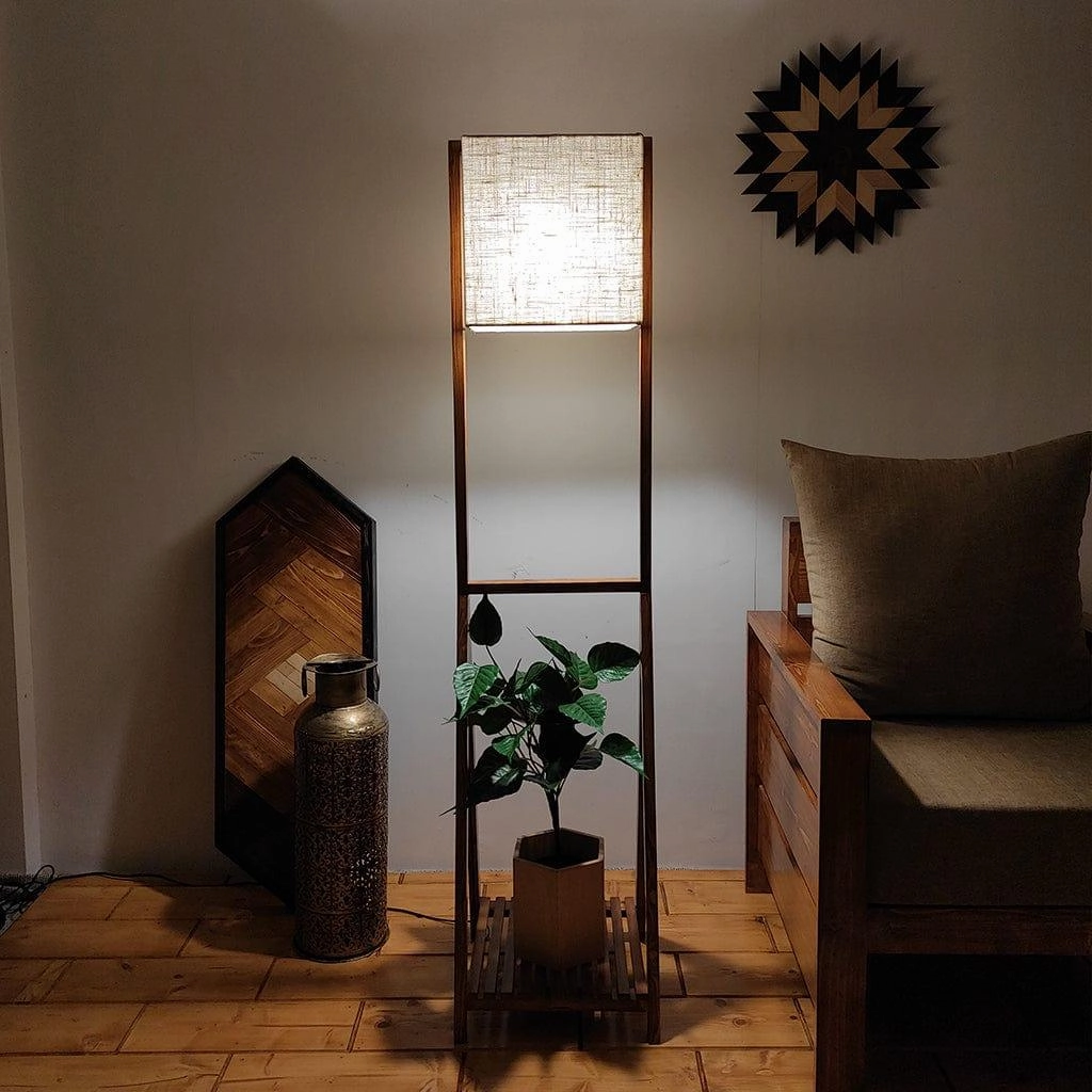 Victoria Wooden Floor Lamp with Brown Base and Jute Fabric Lampshade (BULB NOT INCLUDED)