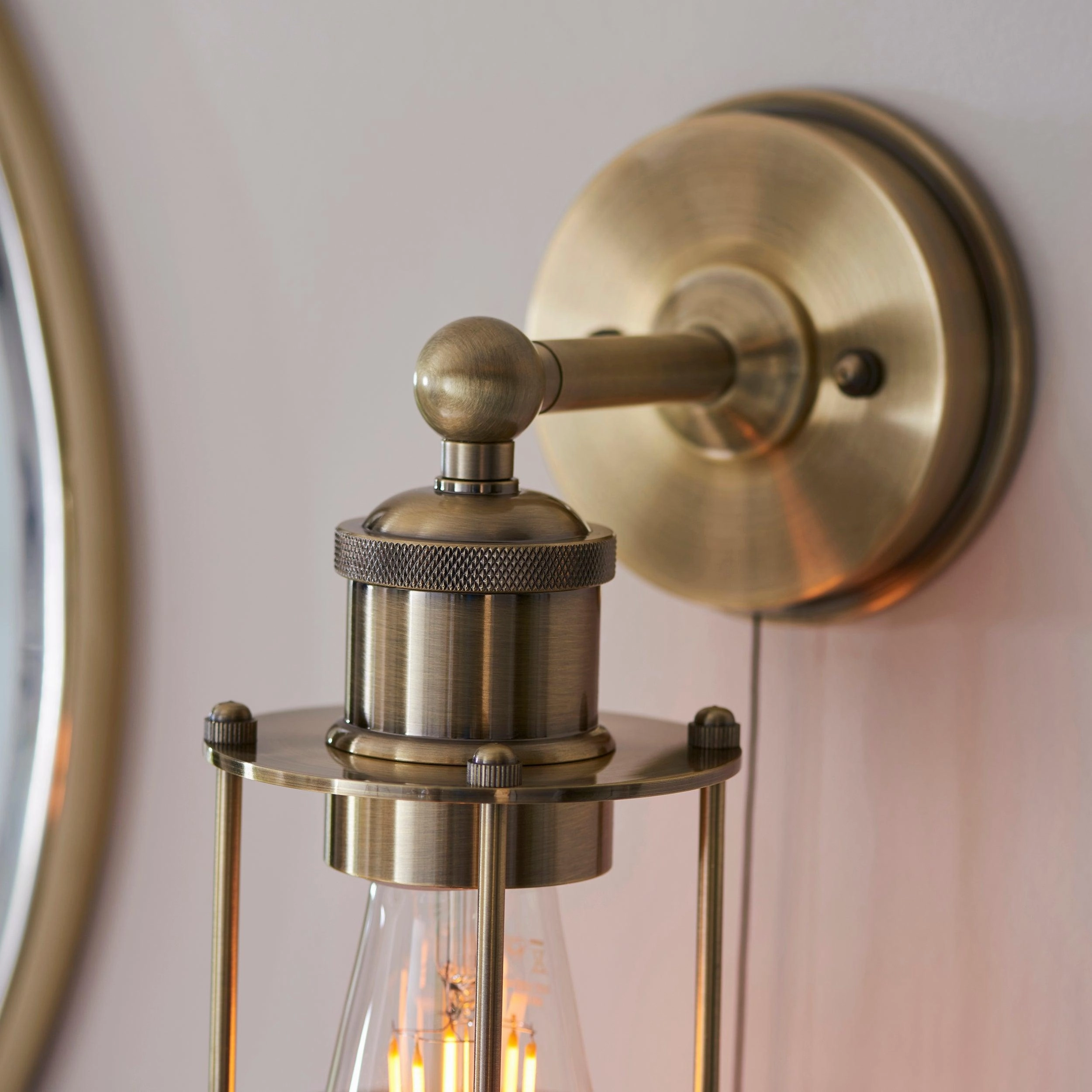 Weston Antique Brass Caged Bathroom Wall Light - Pull Cord