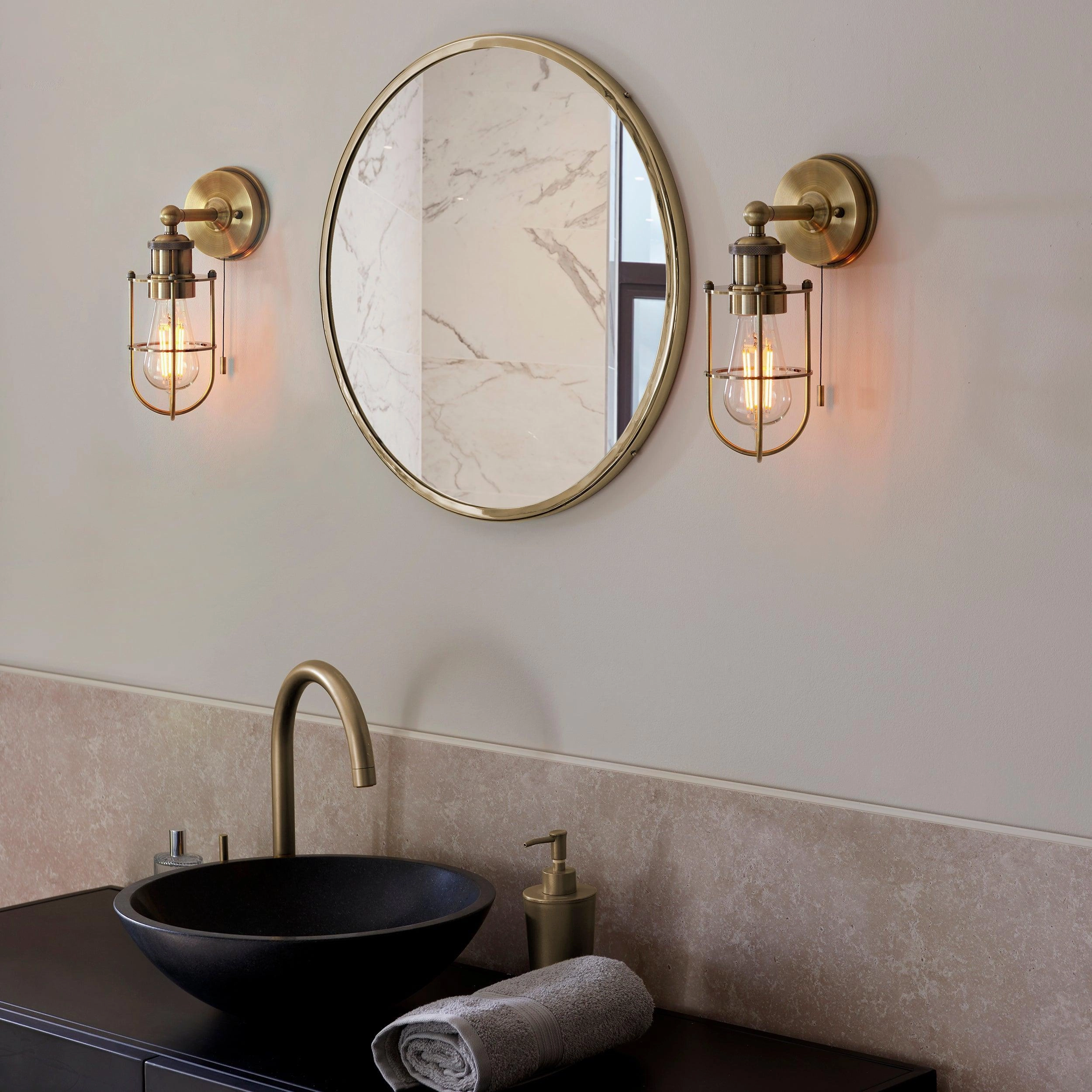 Weston Antique Brass Caged Bathroom Wall Light - Pull Cord
