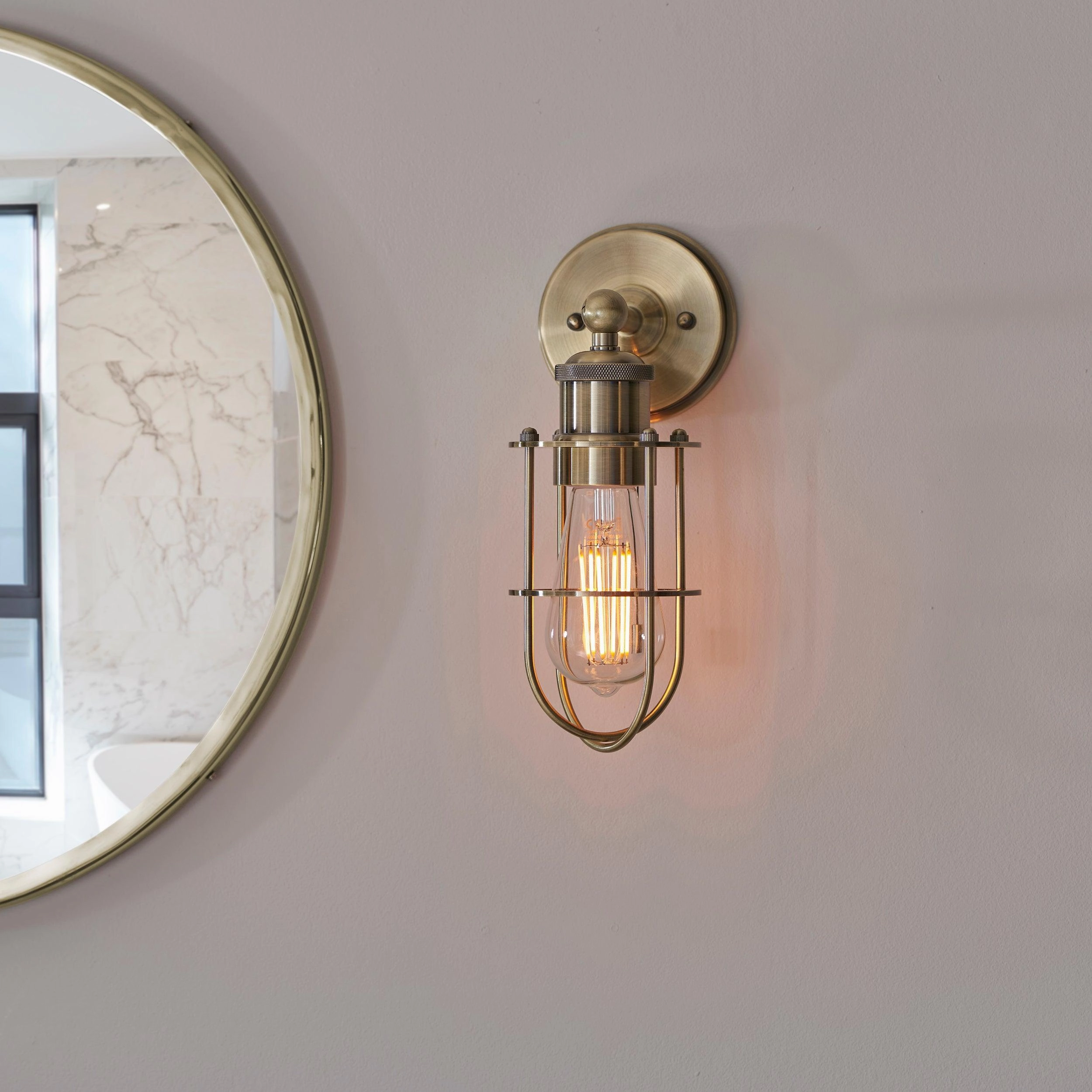 Weston Antique Brass Caged Bathroom Wall Light - Pull Cord