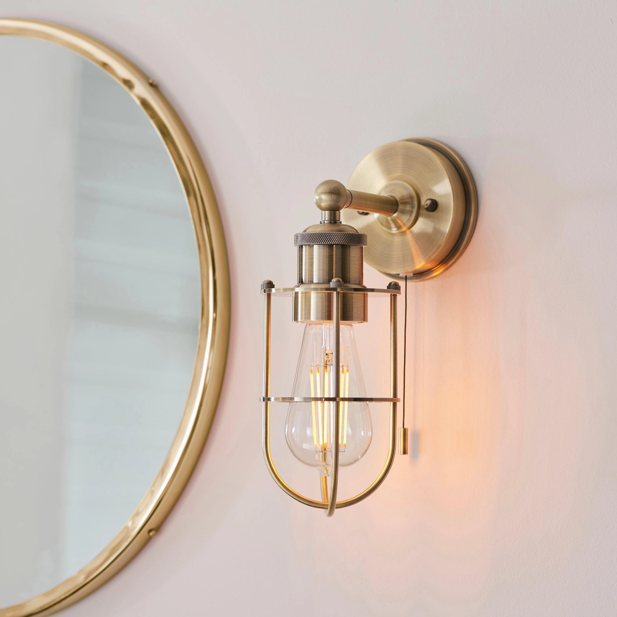 Weston Antique Brass Caged Bathroom Wall Light - Pull Cord