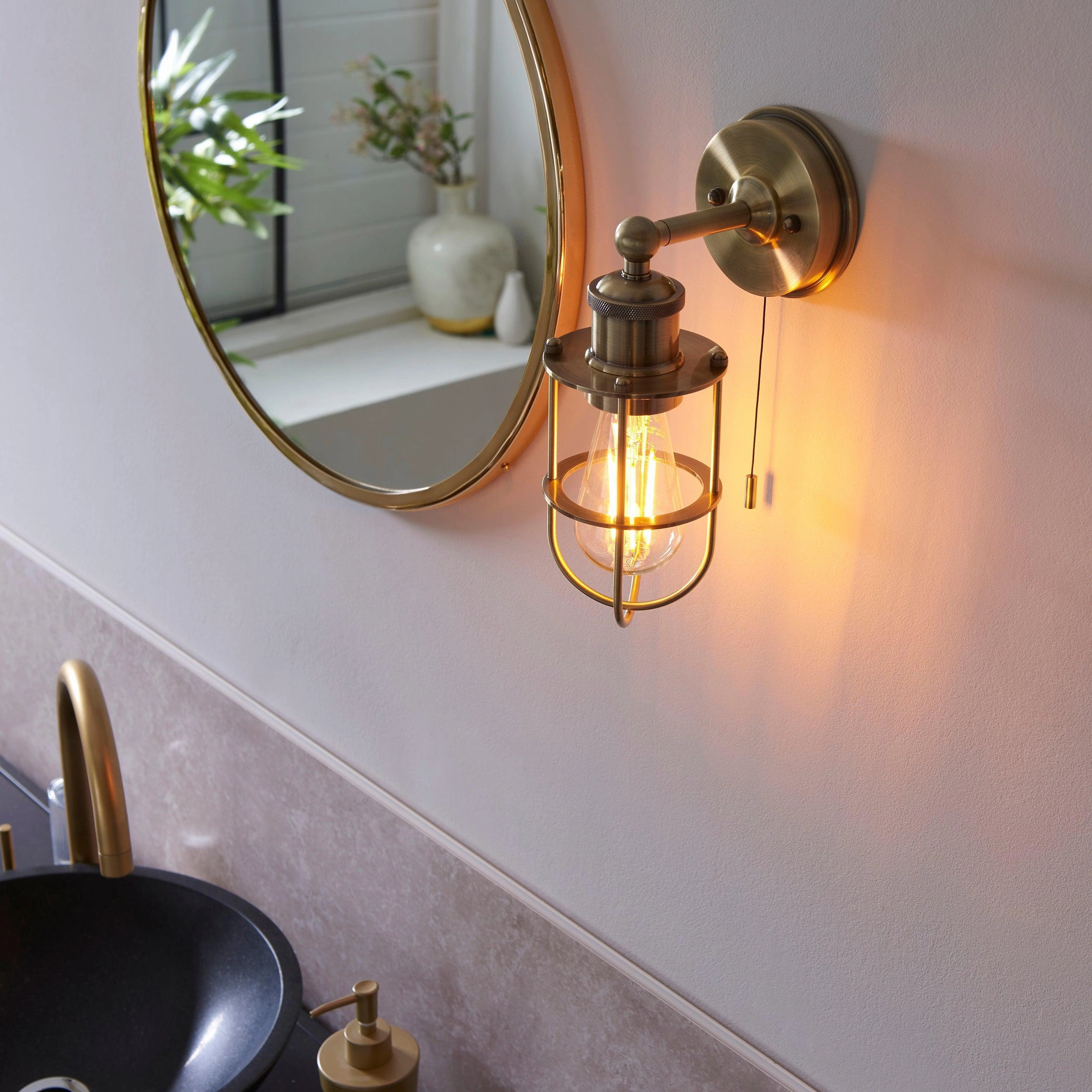 Weston Antique Brass Caged Bathroom Wall Light - Pull Cord