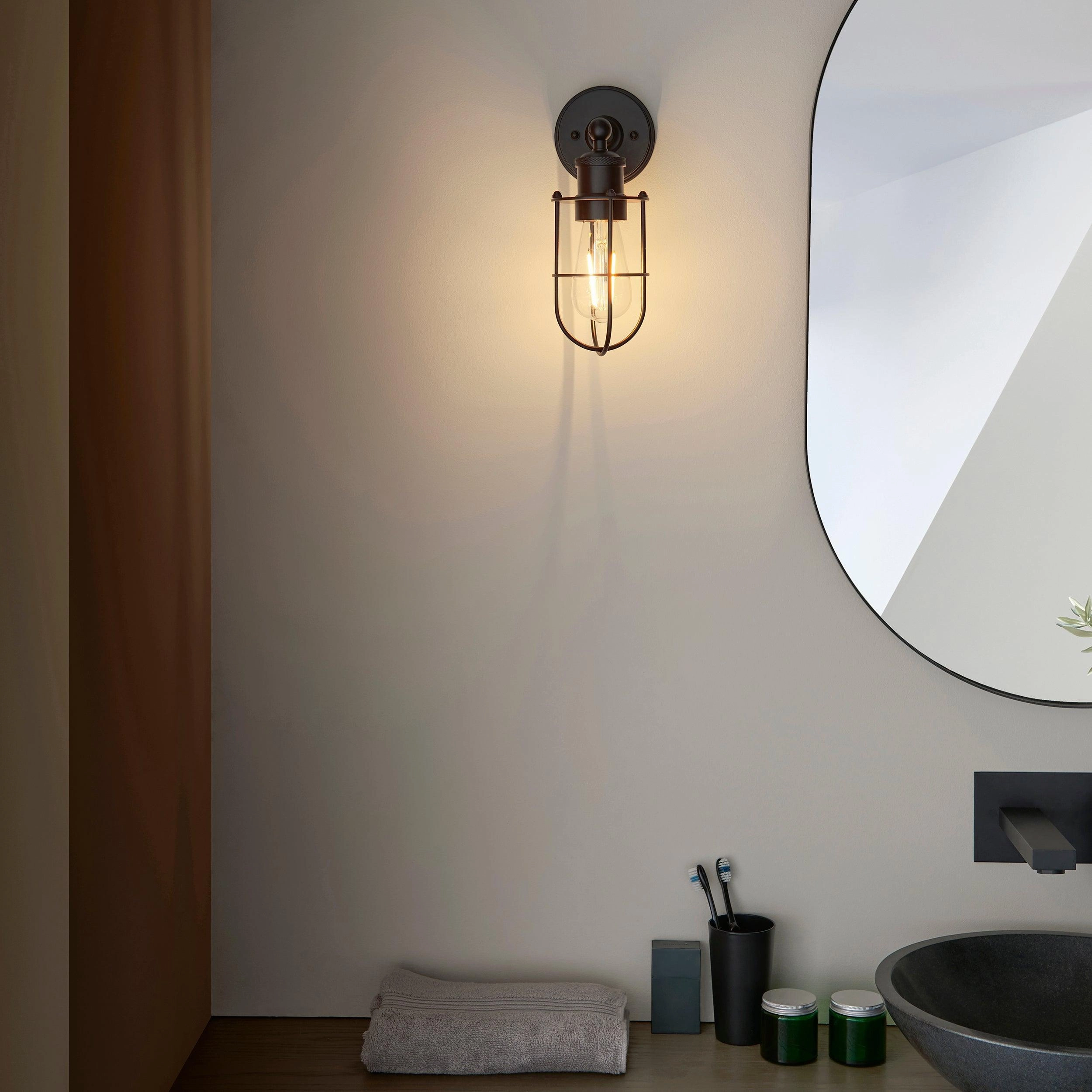 Weston Black Caged Bathroom Wall Light - Pull Cord