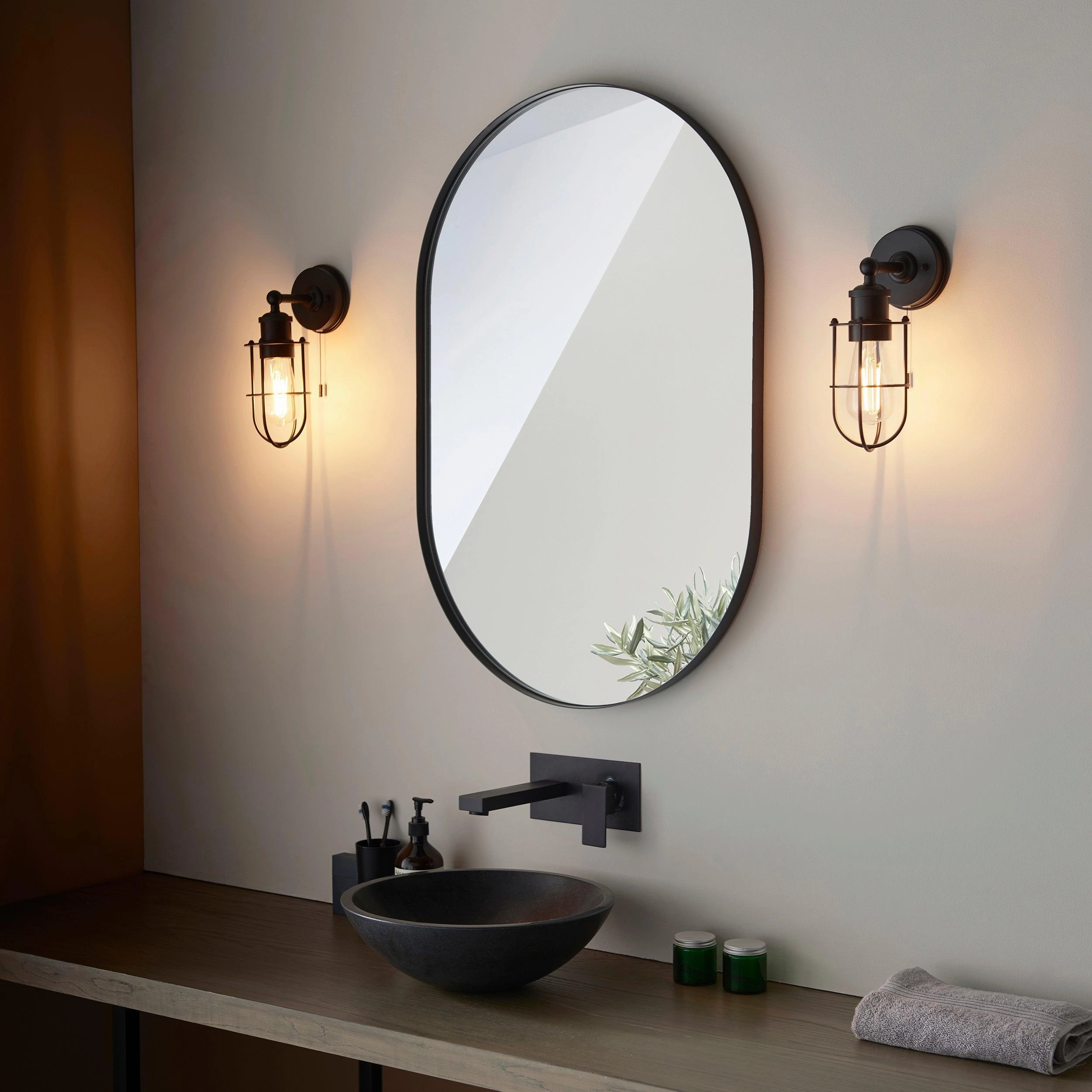Weston Black Caged Bathroom Wall Light - Pull Cord