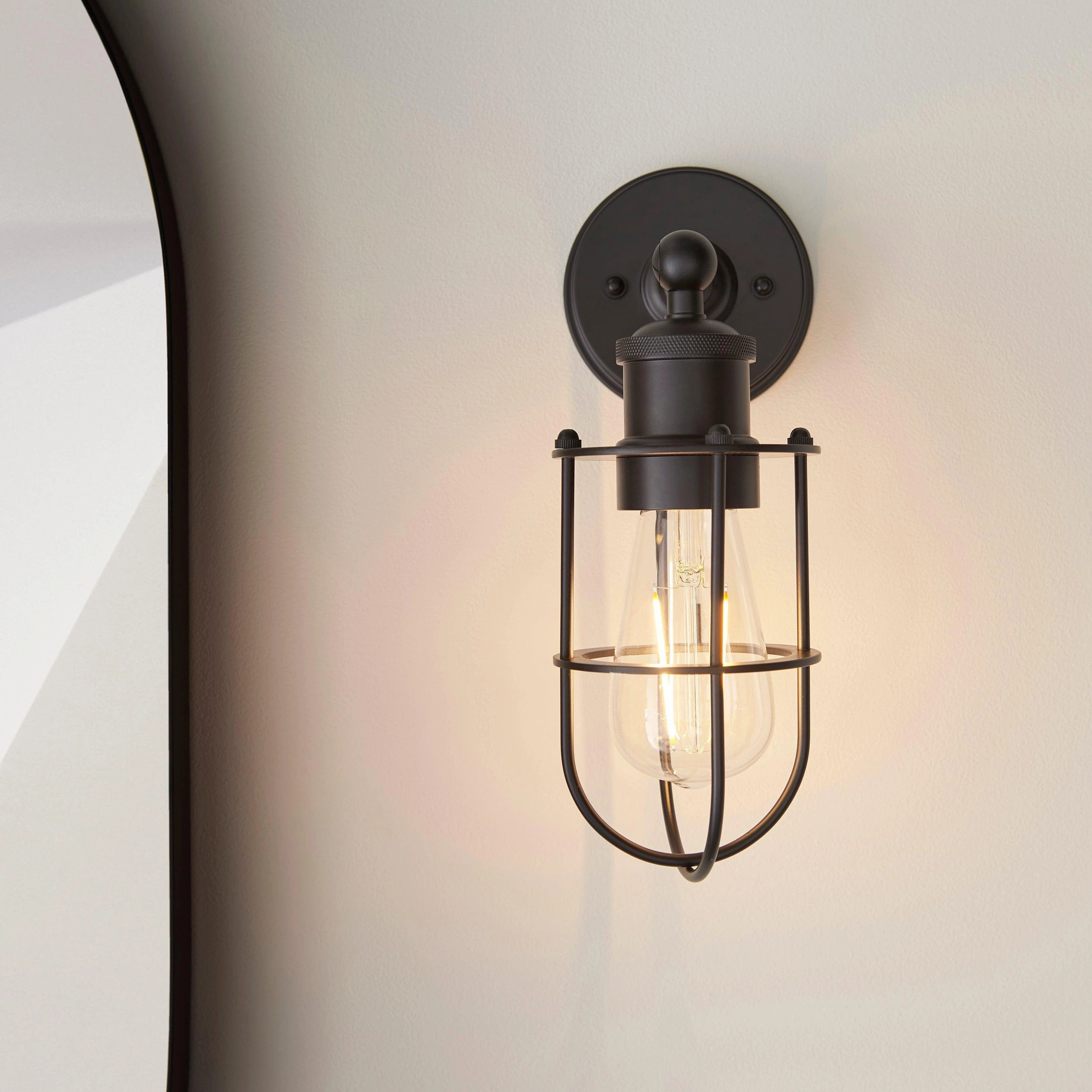 Weston Black Caged Bathroom Wall Light - Pull Cord