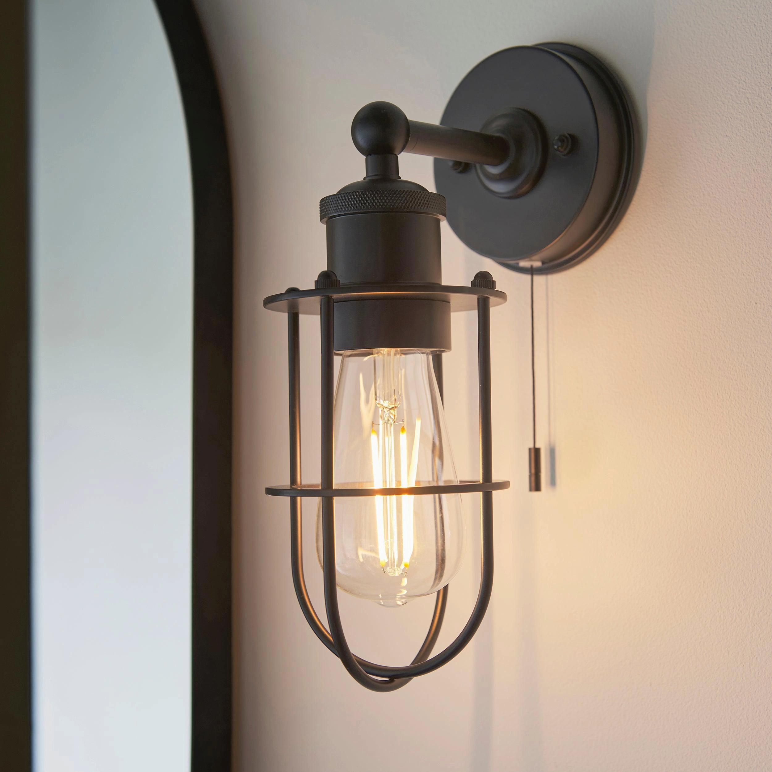Weston Black Caged Bathroom Wall Light - Pull Cord