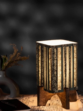 Wooden Brown Base Lamp with pleeted Green Blockprint Soft Shade decorative ceiling fixture