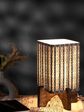 Wooden Brown Base Lamp with pleeted Grey Chainprint Soft Shade decorative ceiling fixture