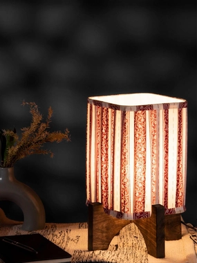 Wooden Brown Base Lamp with pleeted Red Leafyprint Soft Shade decorative ceiling fixture